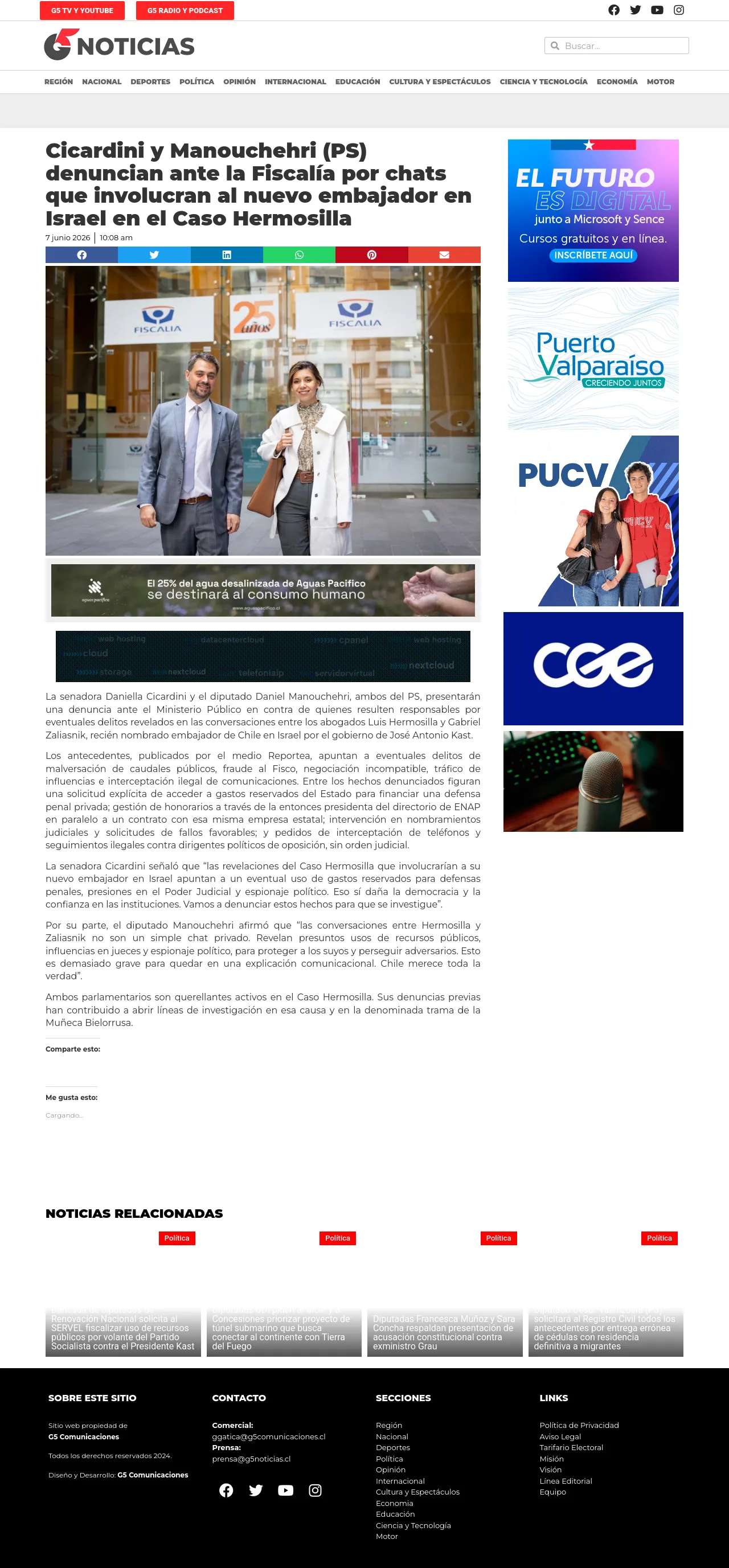 Cicardini y Manouchehri (PS) denuncian ante la Fiscalía por chats que involucran al nuevo embajador en Israel en el Caso Hermosilla