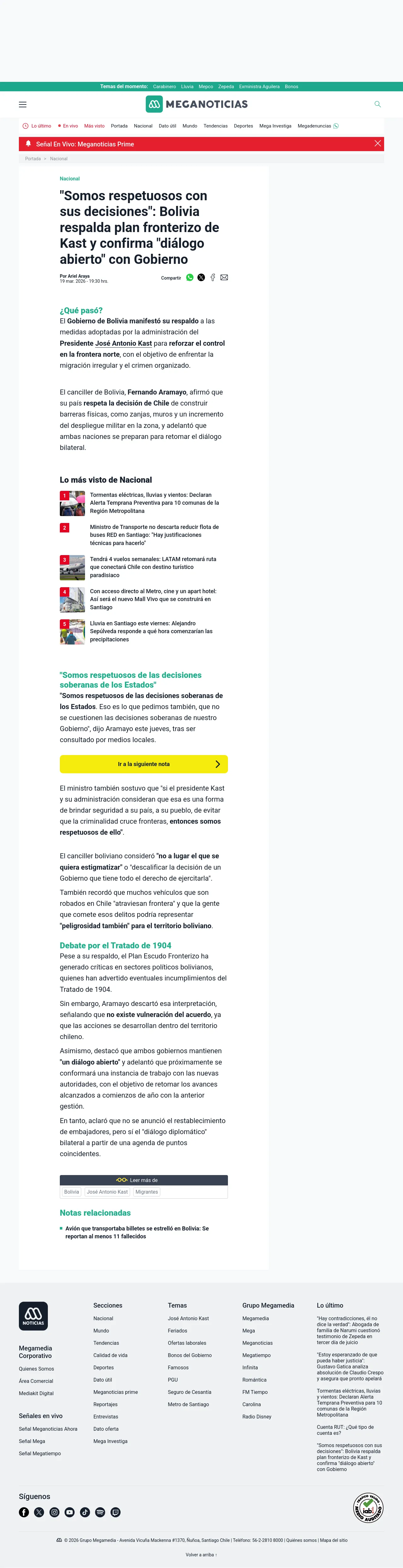 "Somos respetuosos con sus decisiones": Bolivia respalda plan fronterizo de Kast y confirma "diálogo abierto" con Gobierno