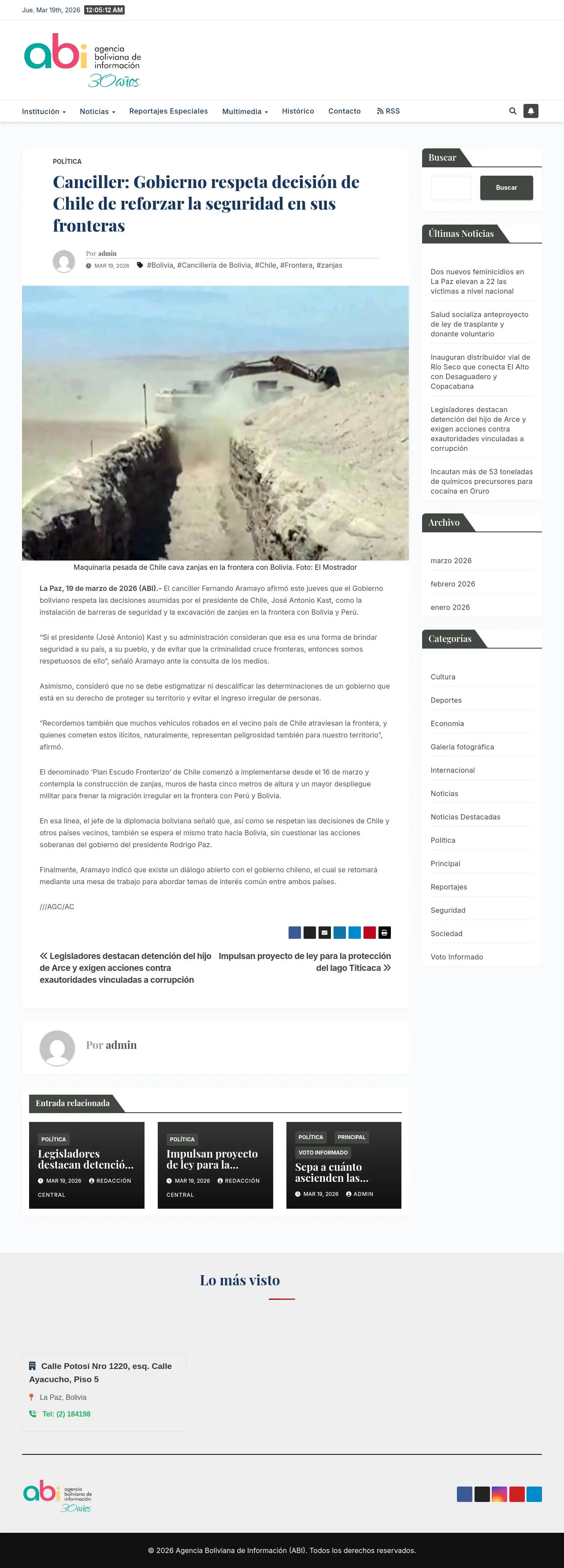 Canciller: Gobierno respeta decisión de Chile de reforzar la seguridad en sus fronteras