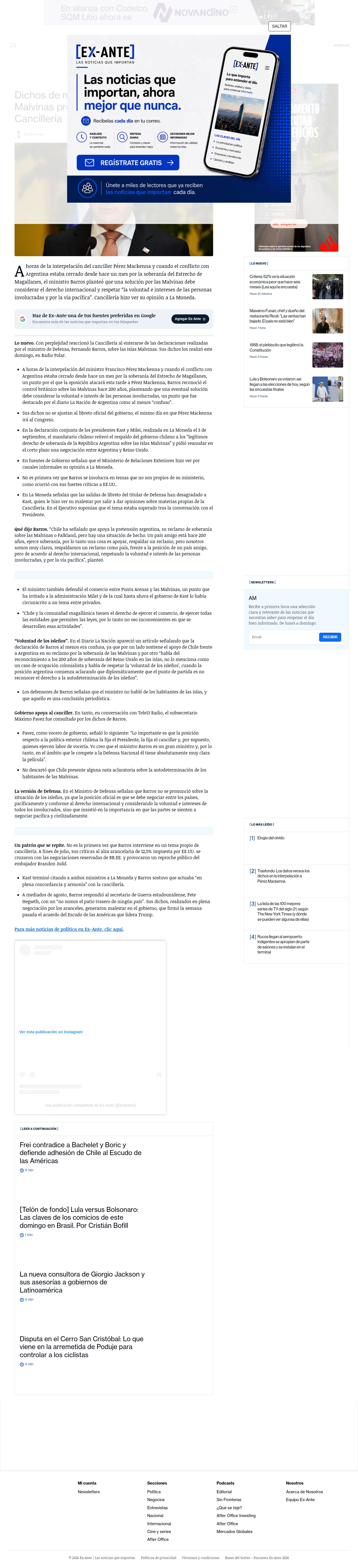 Dichos de ministro Barros sobre las Malvinas provocan perplejidad en la Cancillería
