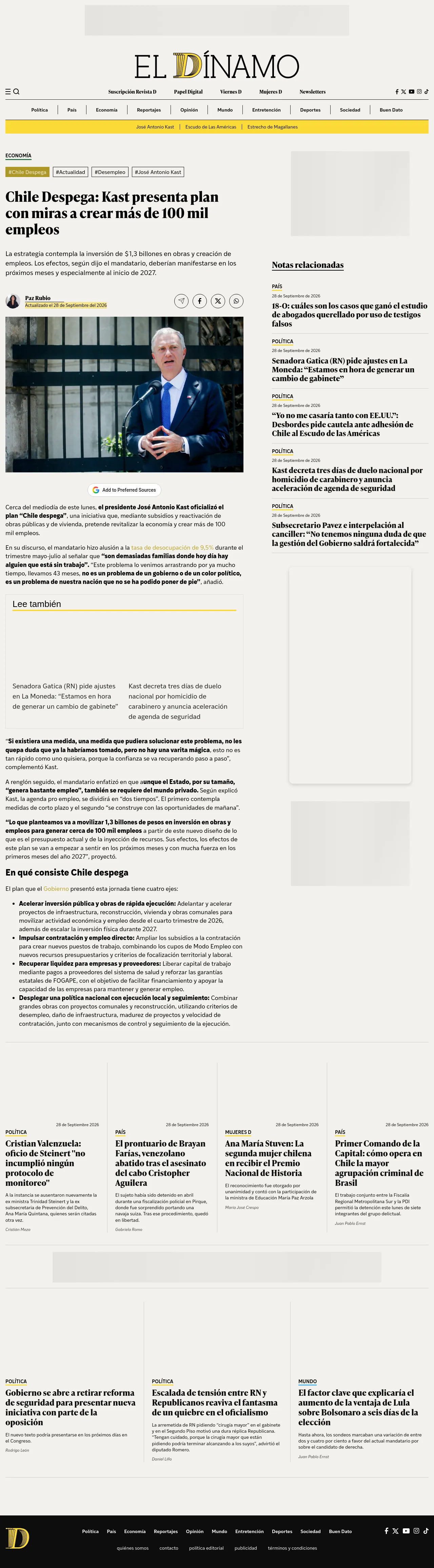 Chile Despega: Kast presenta plan con miras a crear más de 100 mil empleos