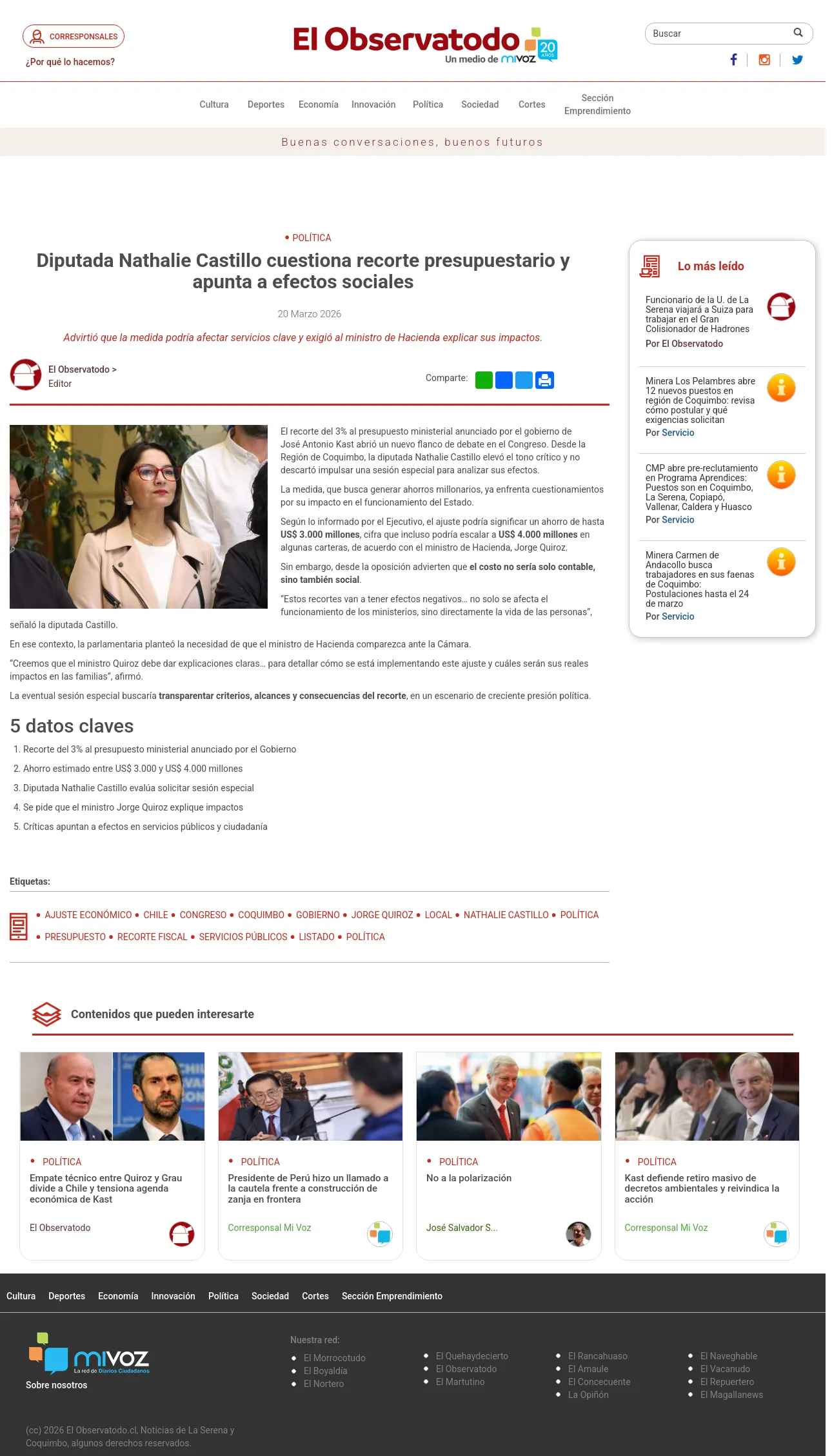 Diputada Nathalie Castillo cuestiona recorte presupuestario y apunta a efectos sociales