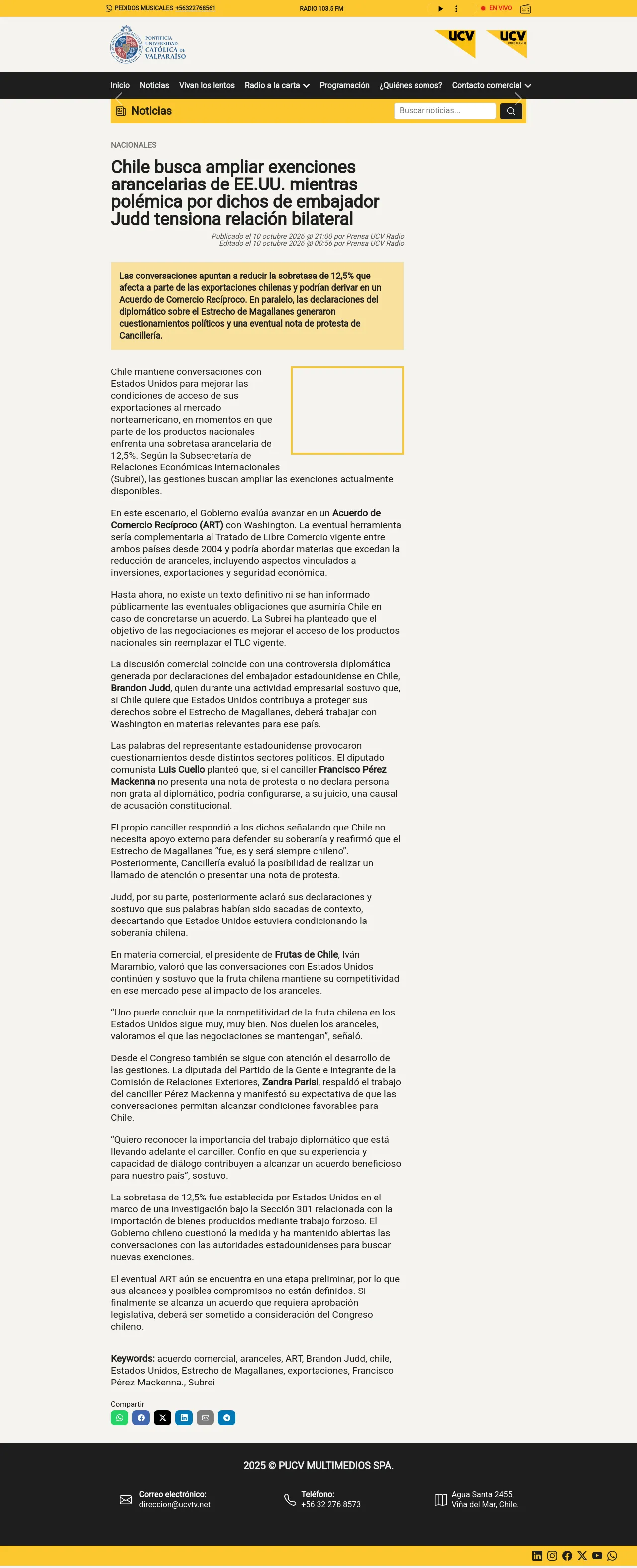 Chile busca ampliar exenciones arancelarias de EE.UU. mientras polémica por dichos de embajador Judd tensiona relación bilateral