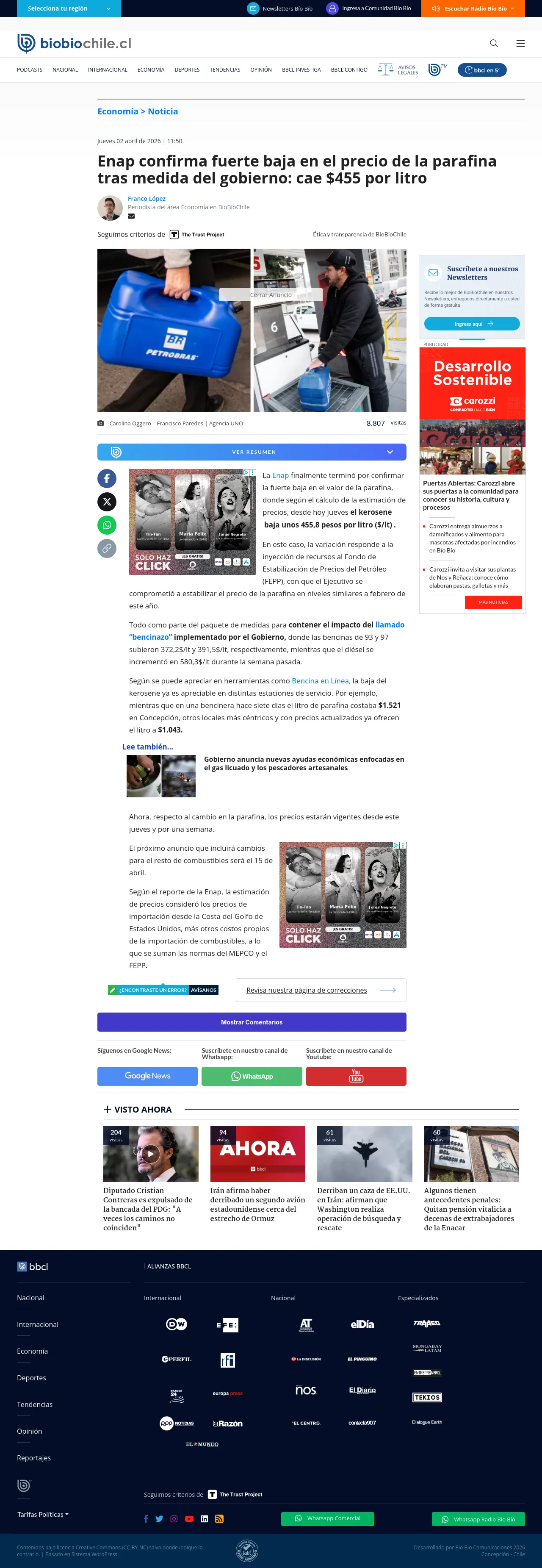 Enap confirma fuerte baja en el precio de la parafina tras medida del gobierno: cae $455 por litro