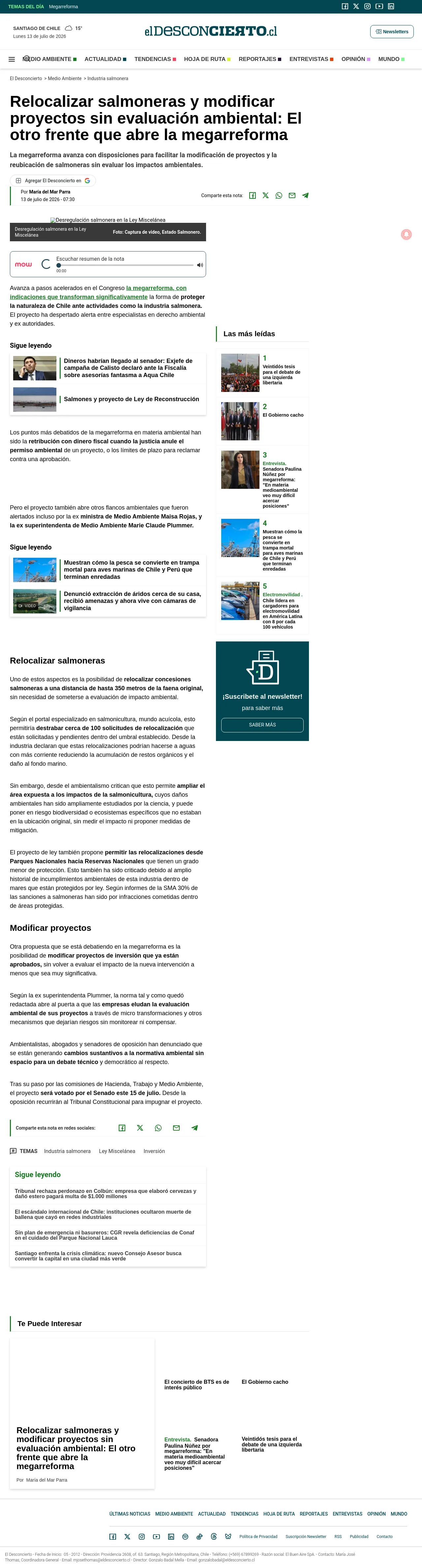 Relocalizar salmoneras y modificar proyectos sin evaluación ambiental: El otro frente que abre la megarreforma