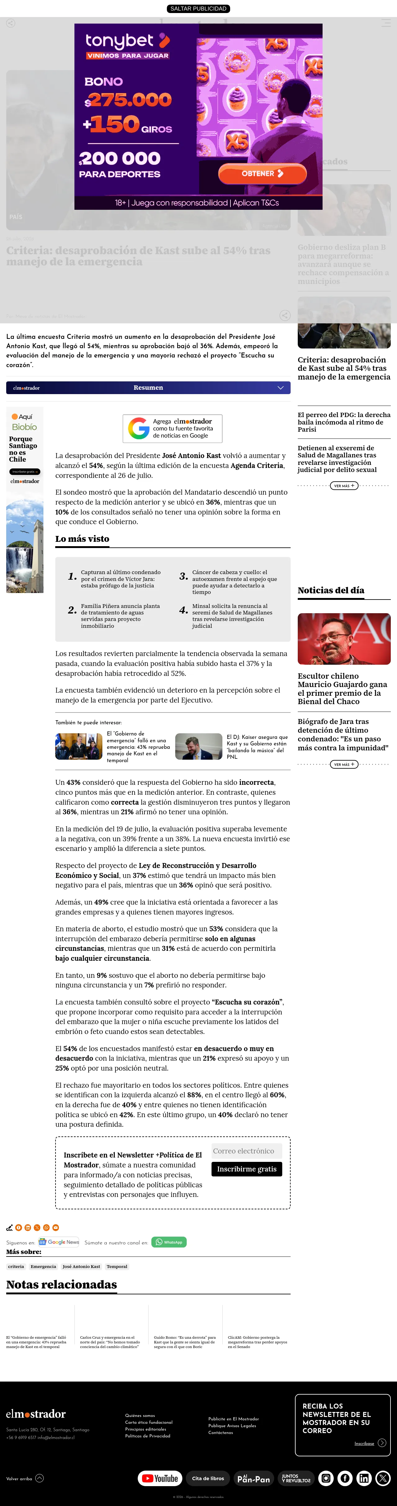Criteria: desaprobación de Kast sube al 54% tras manejo de la emergencia