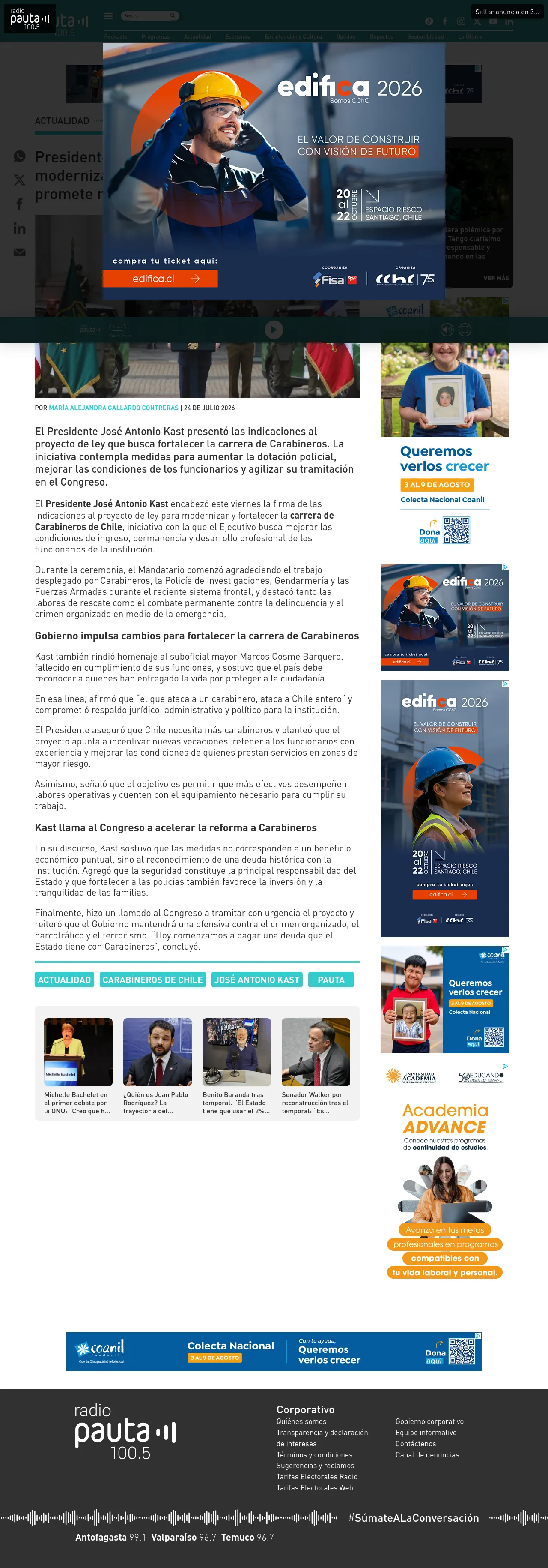 Presidente Kast firma indicaciones para modernizar la carrera de Carabineros y promete mayor respaldo a la institución