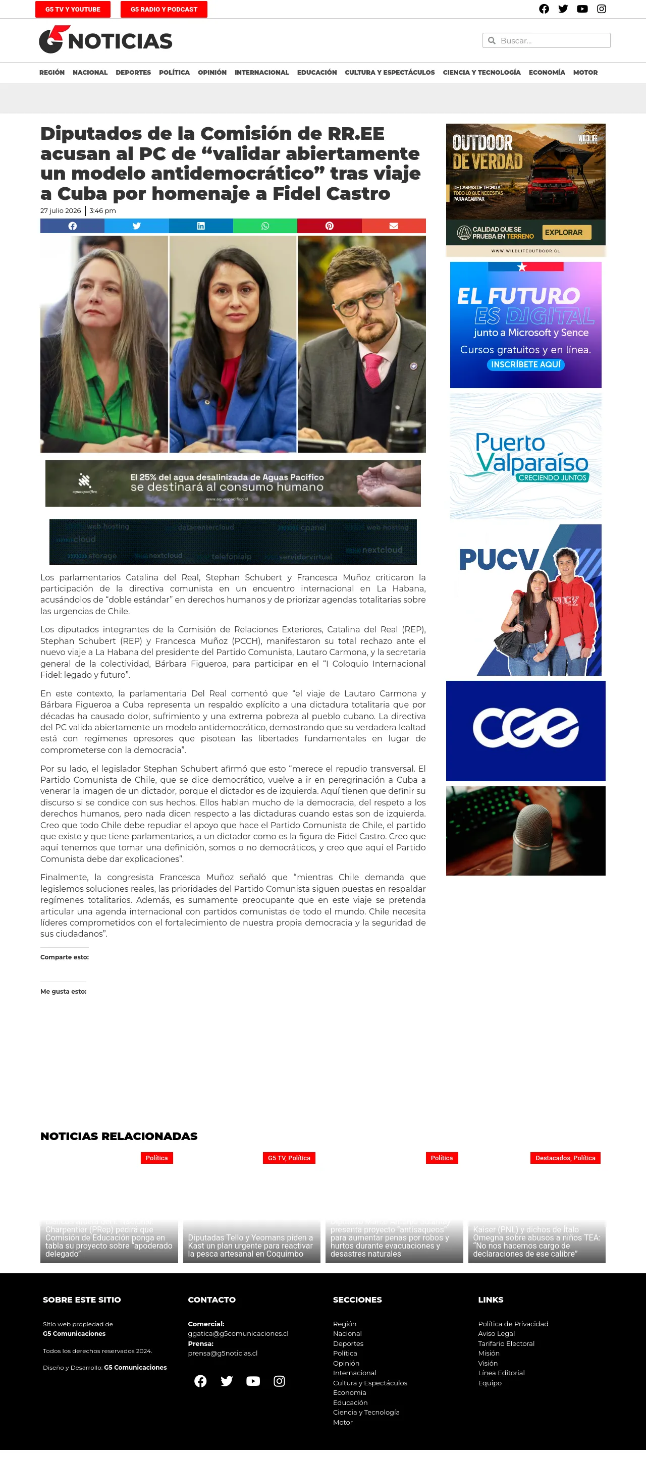 Diputados de la Comisión de RR.EE acusan al PC de “validar abiertamente un modelo antidemocrático” tras viaje a Cuba por homenaje a Fidel Castro