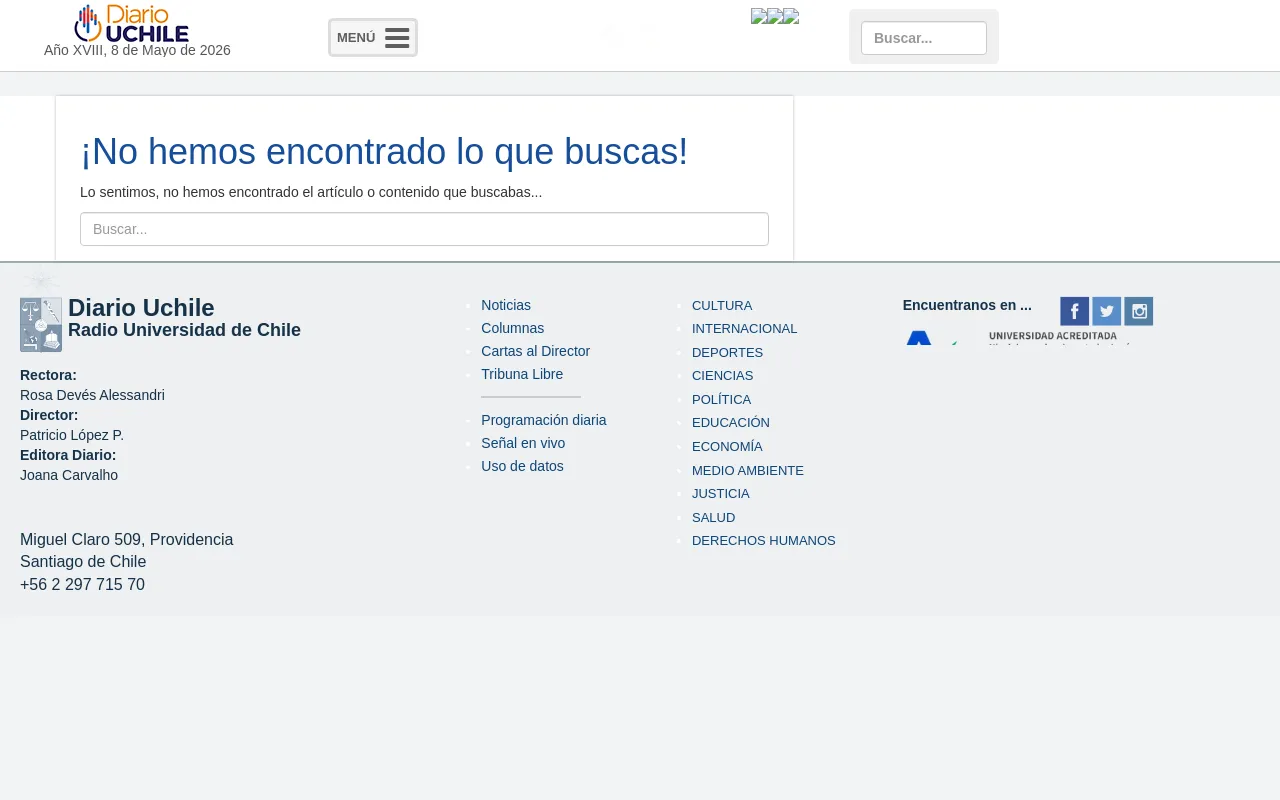 [![Diario y Radio Universidad Chile](https://radio.uchile.cl/wp-content/themes/duch-2025/assets/i/diario24_h.png)Año XVIII, 8 de Mayo de 2026 ](https://radio.uchile.cl)