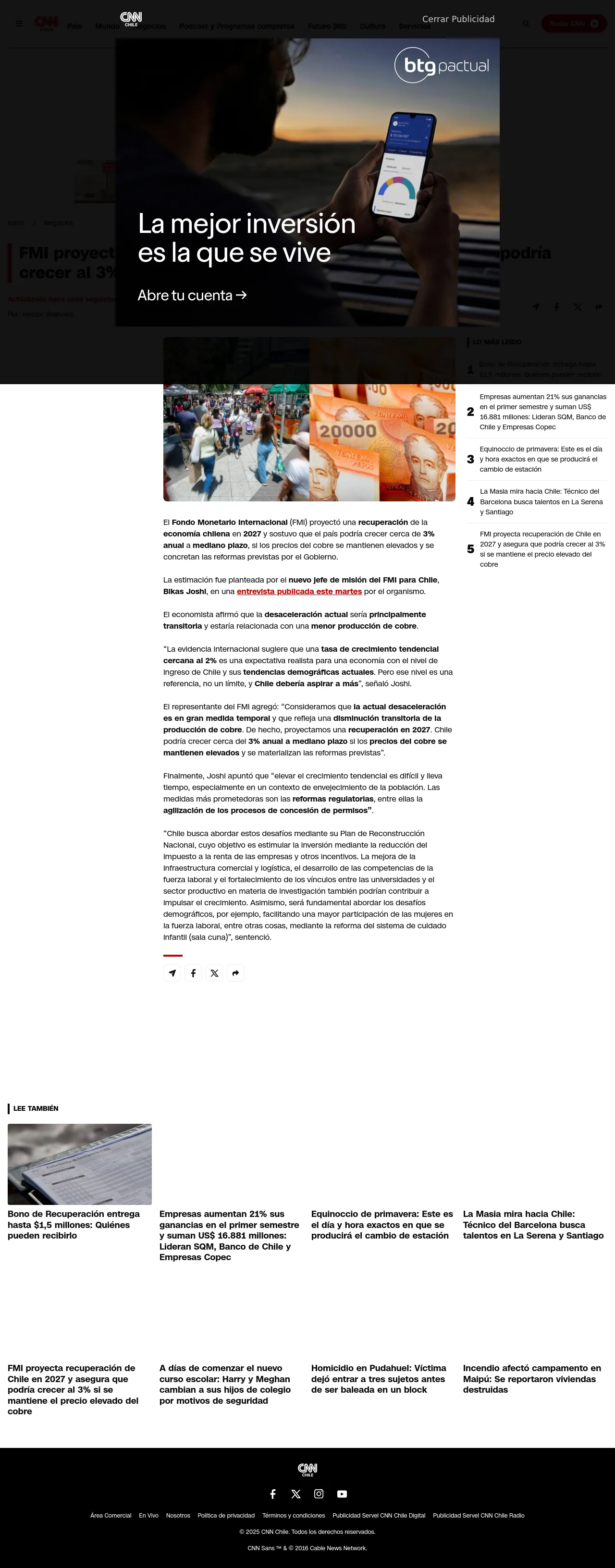 FMI proyecta recuperación de Chile en 2027 y asegura que podría crecer al 3% si se mantiene el precio elevado del cobre