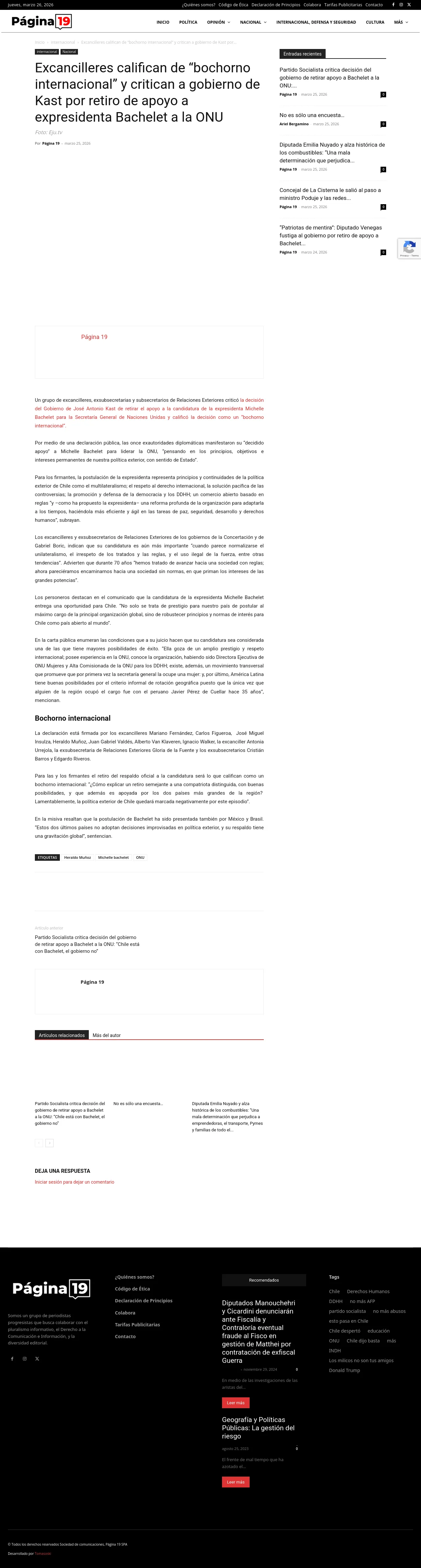 Excancilleres califican de “bochorno internacional” y critican a gobierno de Kast por retiro de apoyo a expresidenta Bachelet a la ONU