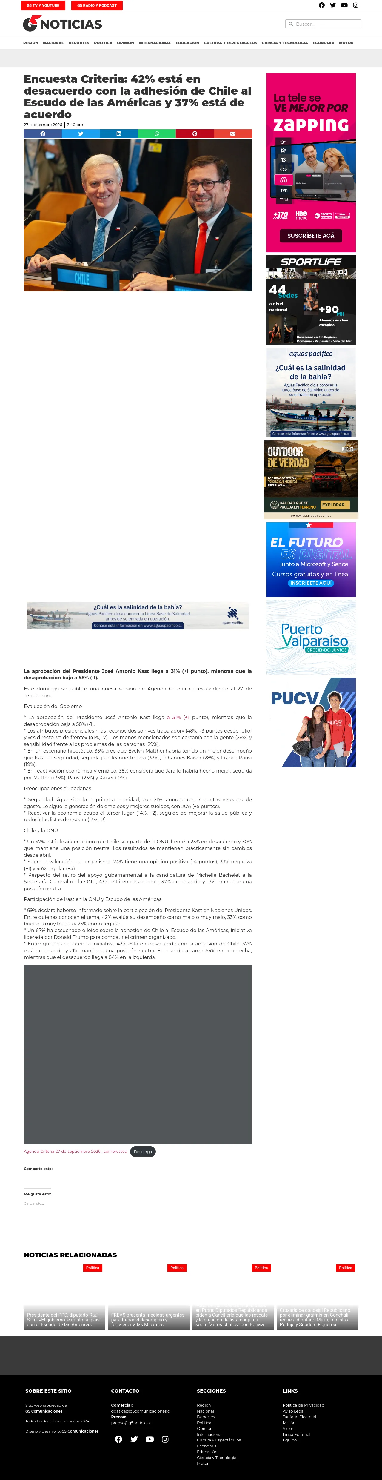 Encuesta Criteria: 42% está en desacuerdo con la adhesión de Chile al Escudo de las Américas y 37% está de acuerdo