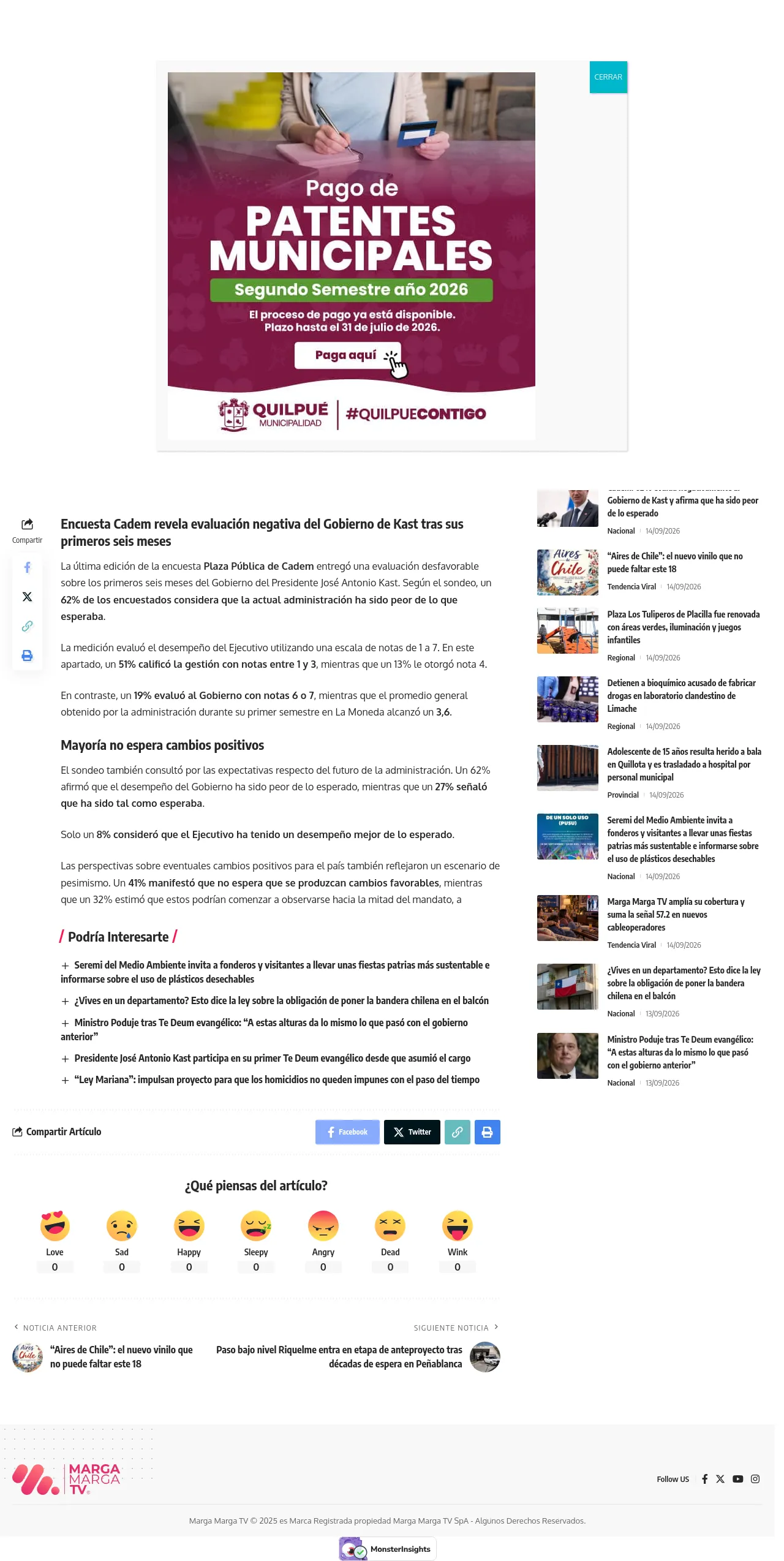 Cadem: 62% evalúa negativamente al Gobierno de Kast y afirma que ha sido peor de lo esperado