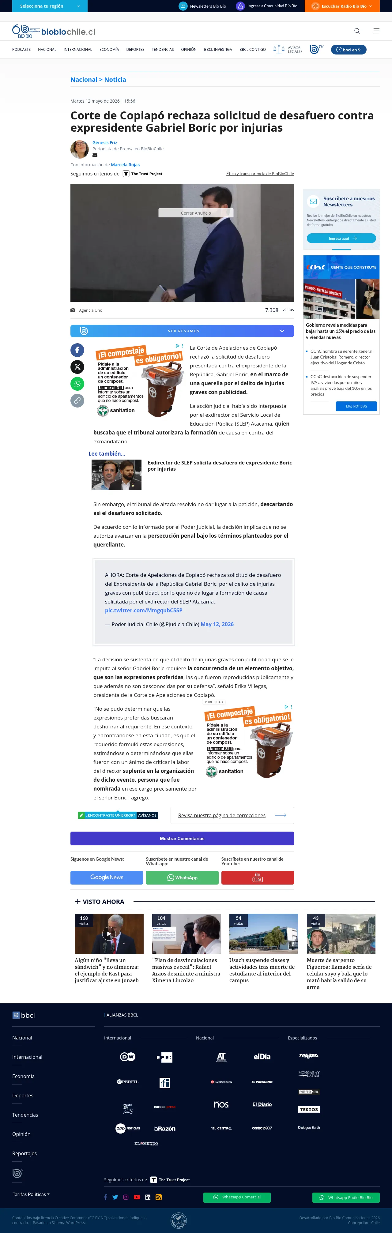 Corte de Copiapó rechaza solicitud de desafuero contra expresidente Gabriel Boric por injurias