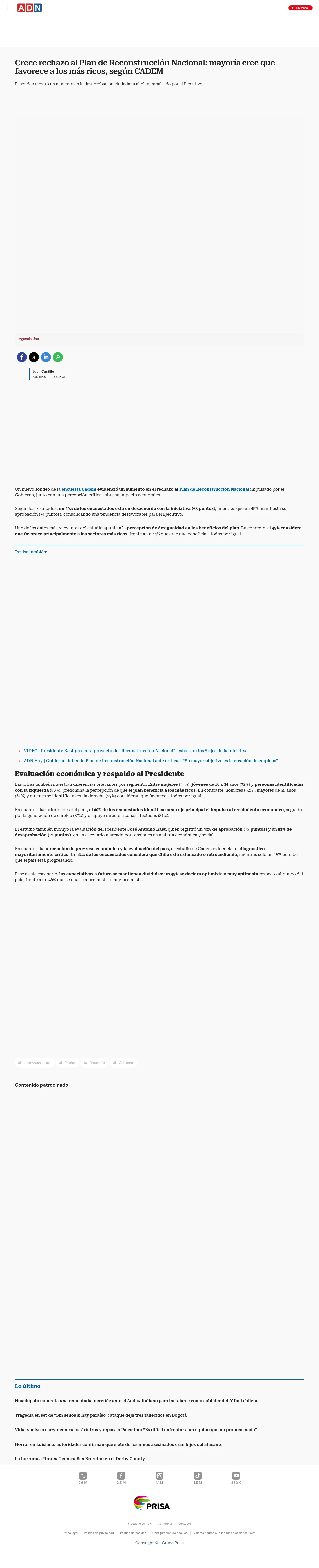 Crece rechazo al Plan de Reconstrucción Nacional: mayoría cree que favorece a los más ricos, según CADEM