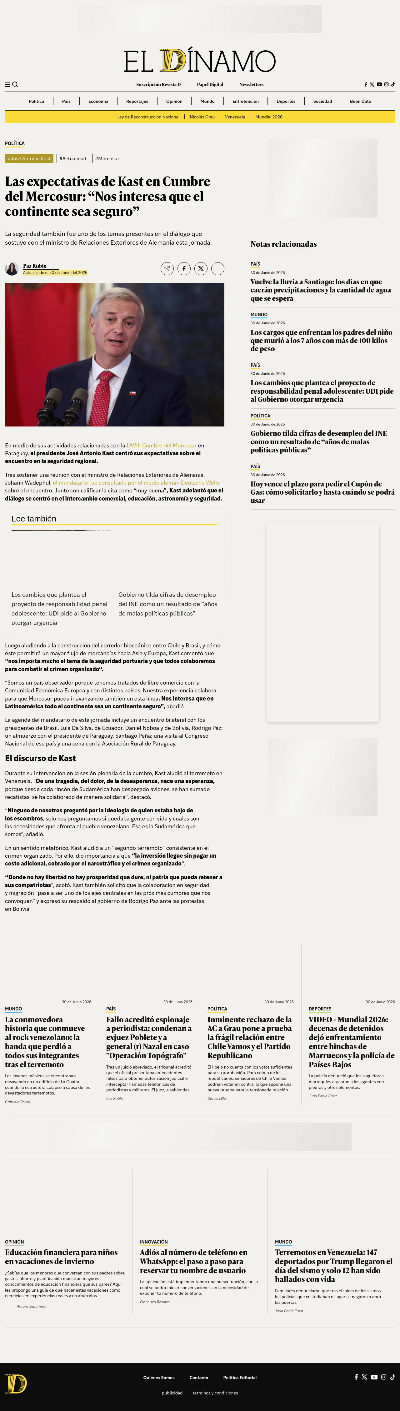 Las expectativas de Kast en Cumbre del Mercosur: “Nos interesa que el continente sea seguro”