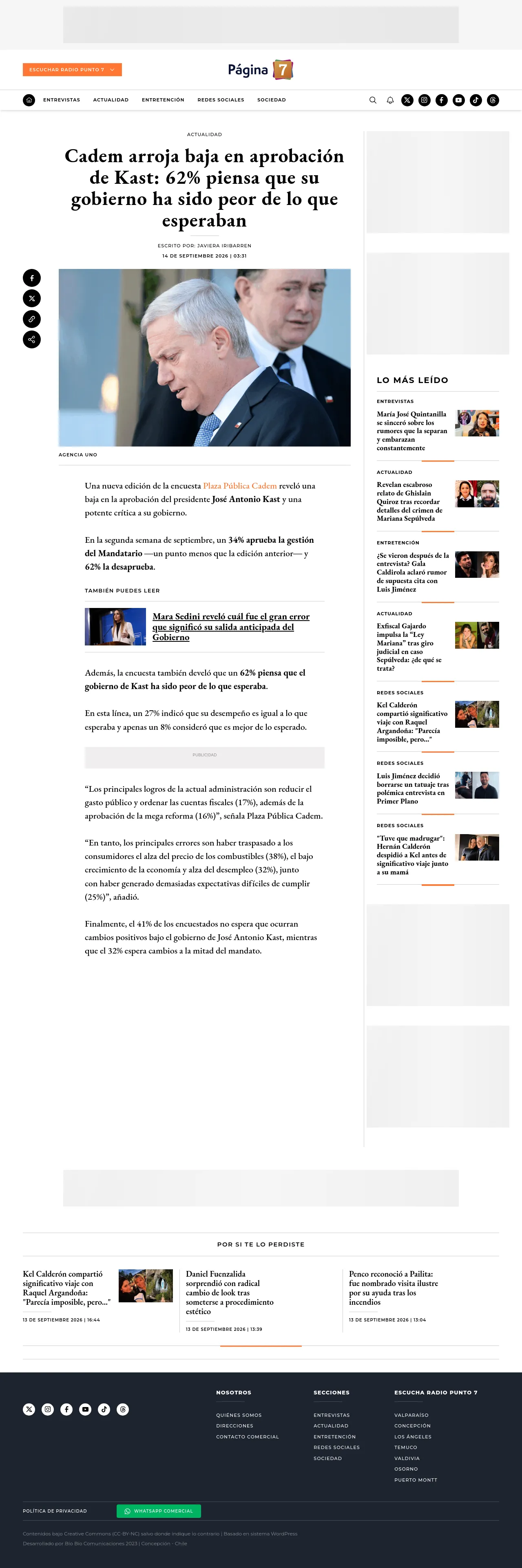 Cadem arroja baja en aprobación de Kast: 62% piensa que su gobierno ha sido peor de lo que esperaban