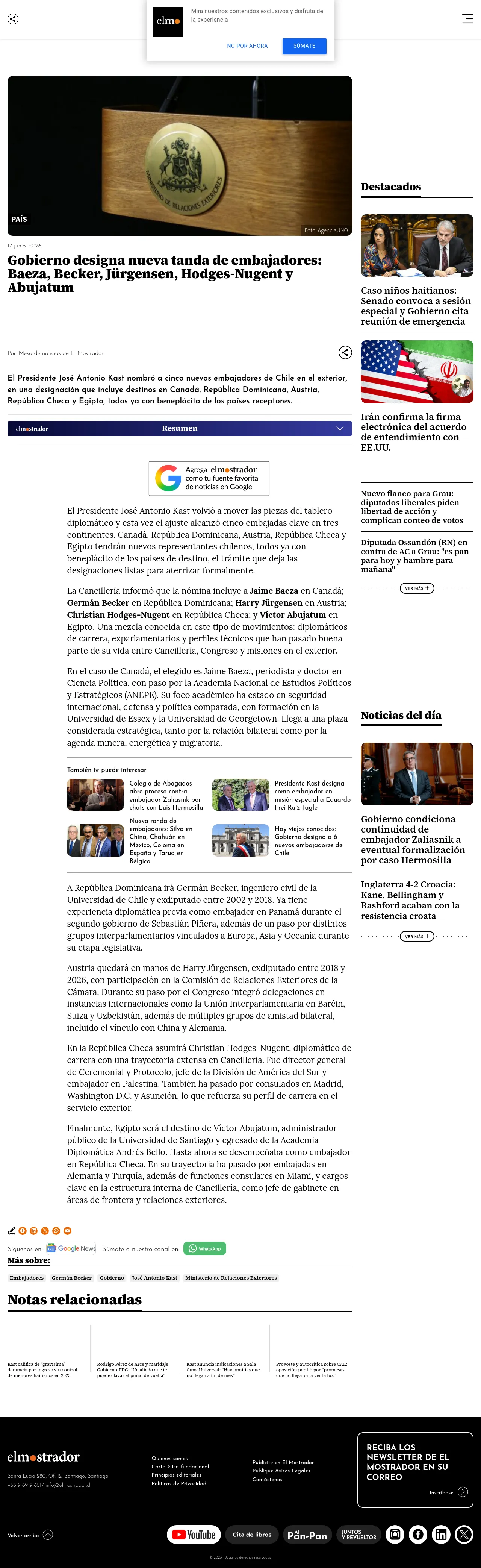 Gobierno designa nueva tanda de embajadores: Baeza, Becker, Jürgensen, Hodges-Nugent y Abujatum