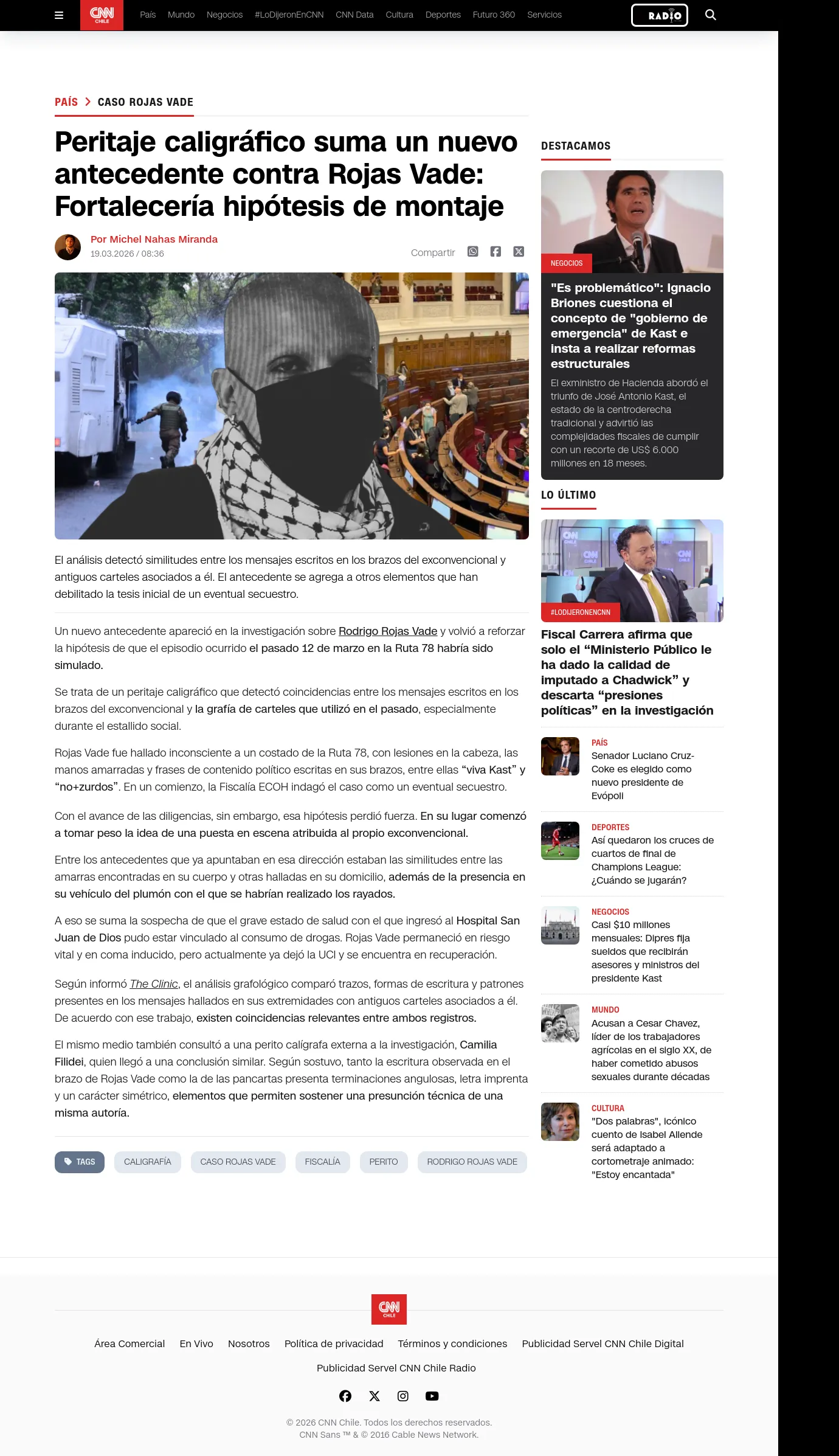 Peritaje caligráfico suma un nuevo antecedente contra Rojas Vade: Fortalecería hipótesis de montaje