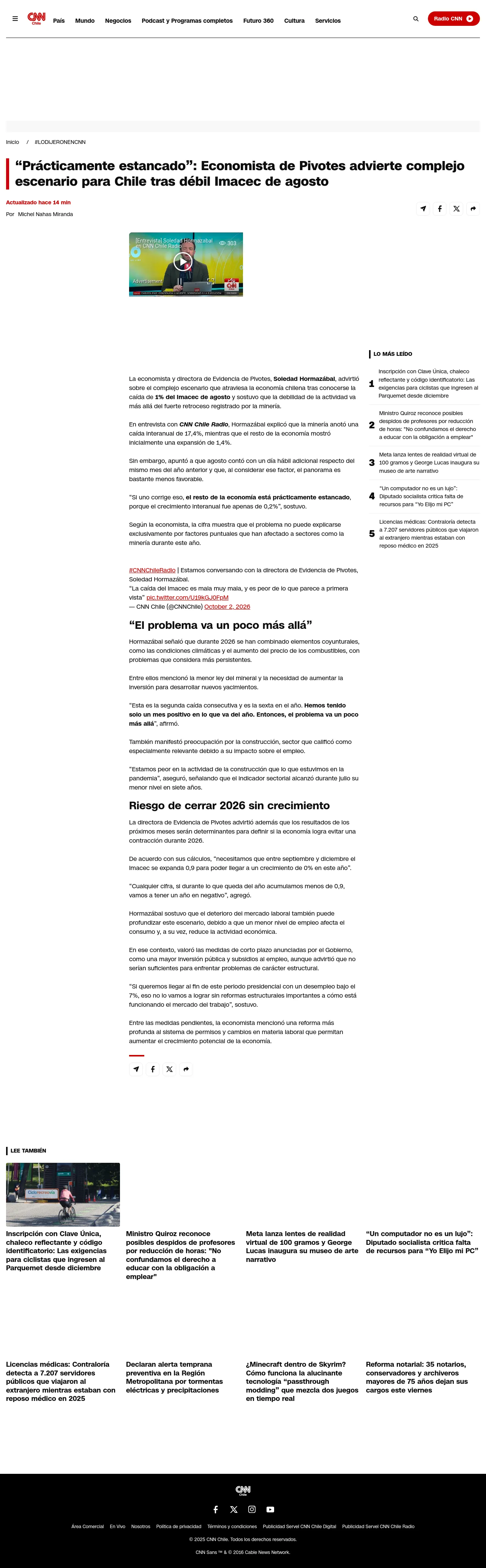 “Prácticamente estancado”: Economista de Pivotes advierte complejo escenario para Chile tras débil Imacec de agosto