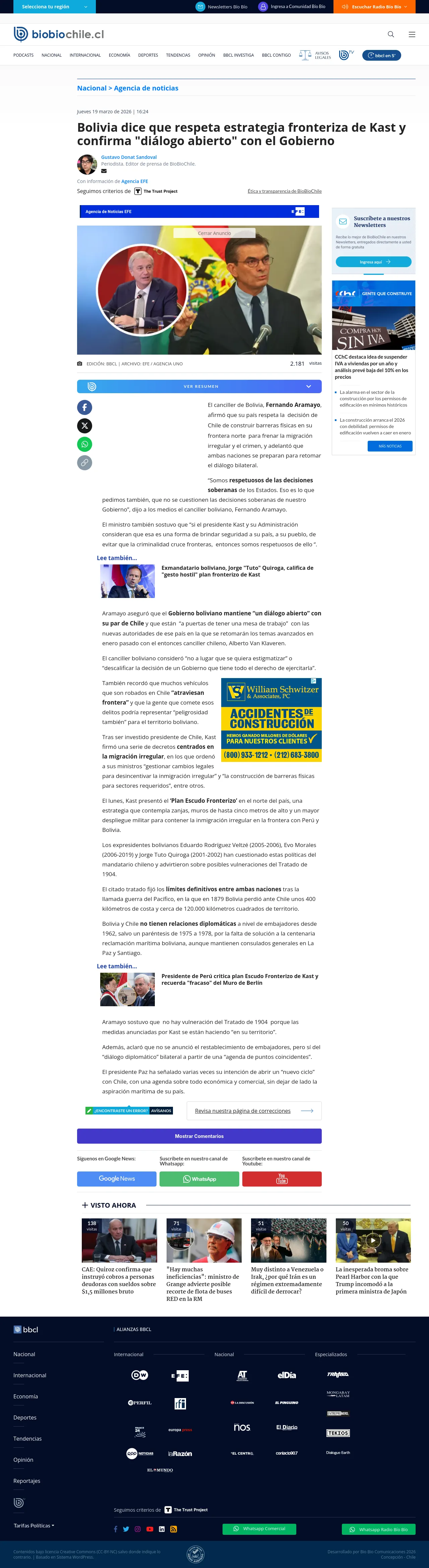 Bolivia dice que respeta estrategia fronteriza de Kast y confirma "diálogo abierto" con el Gobierno