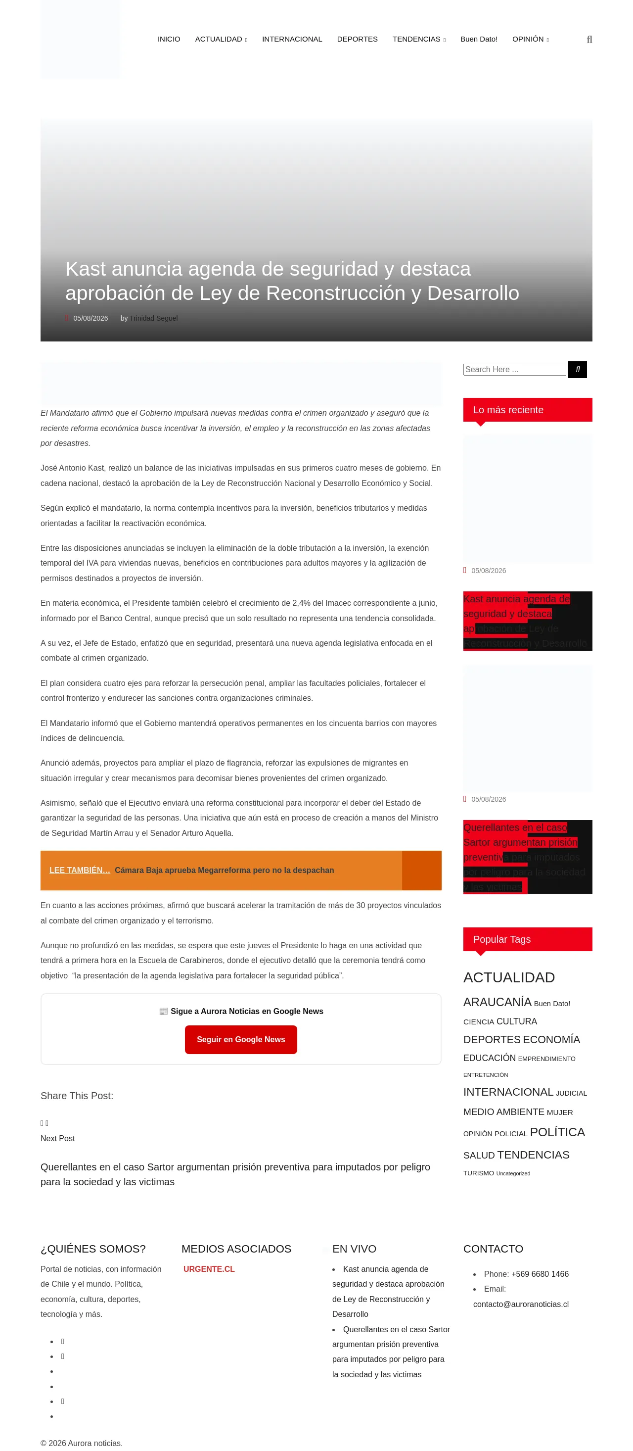 Kast anuncia agenda de seguridad y destaca aprobación de Ley de Reconstrucción y Desarrollo