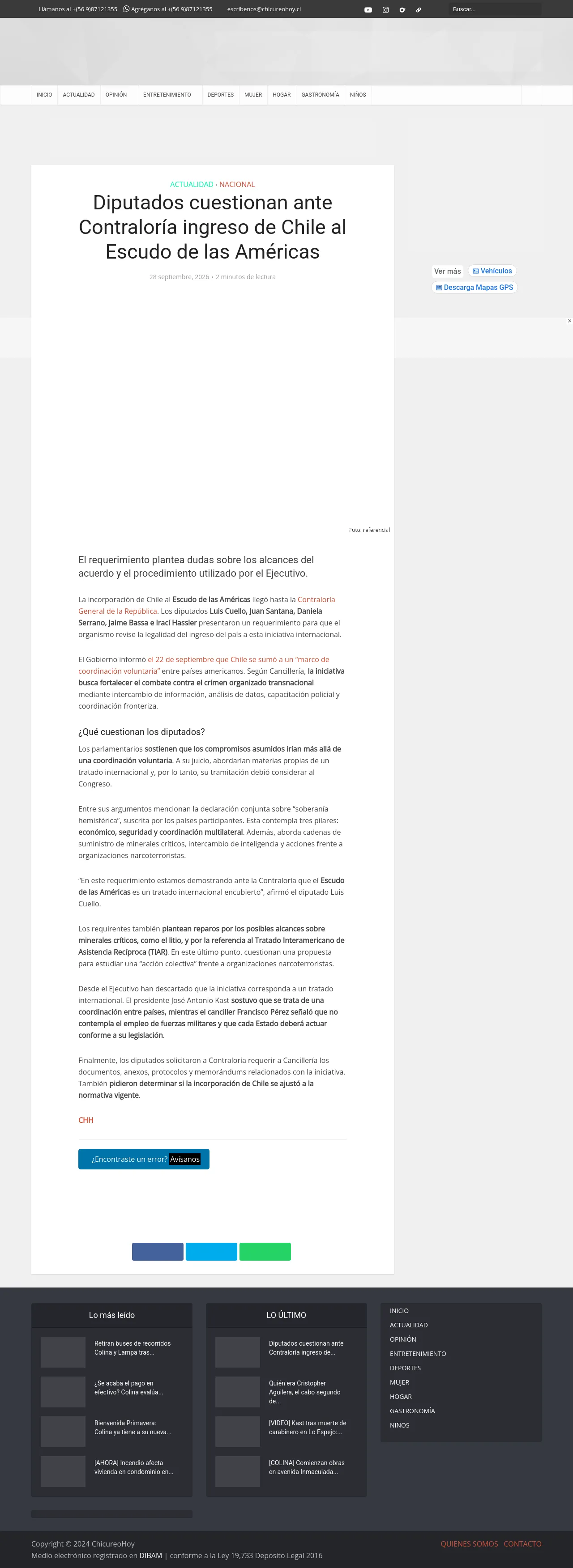 Diputados cuestionan ante Contraloría ingreso de Chile al Escudo de las Américas