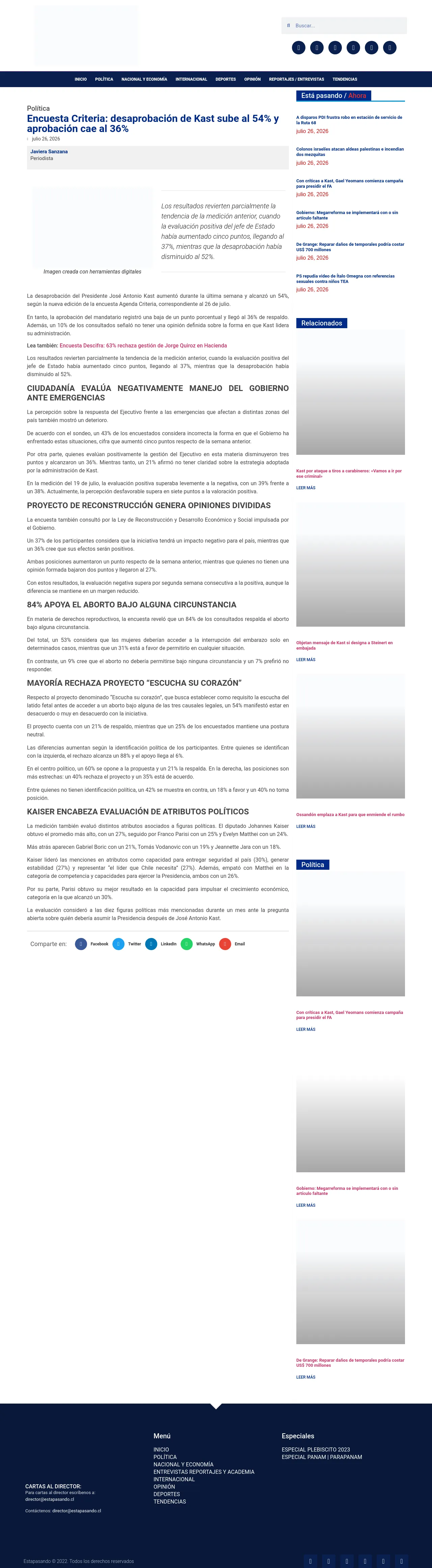 Encuesta Criteria: desaprobación de Kast sube al 54% y aprobación cae al 36%