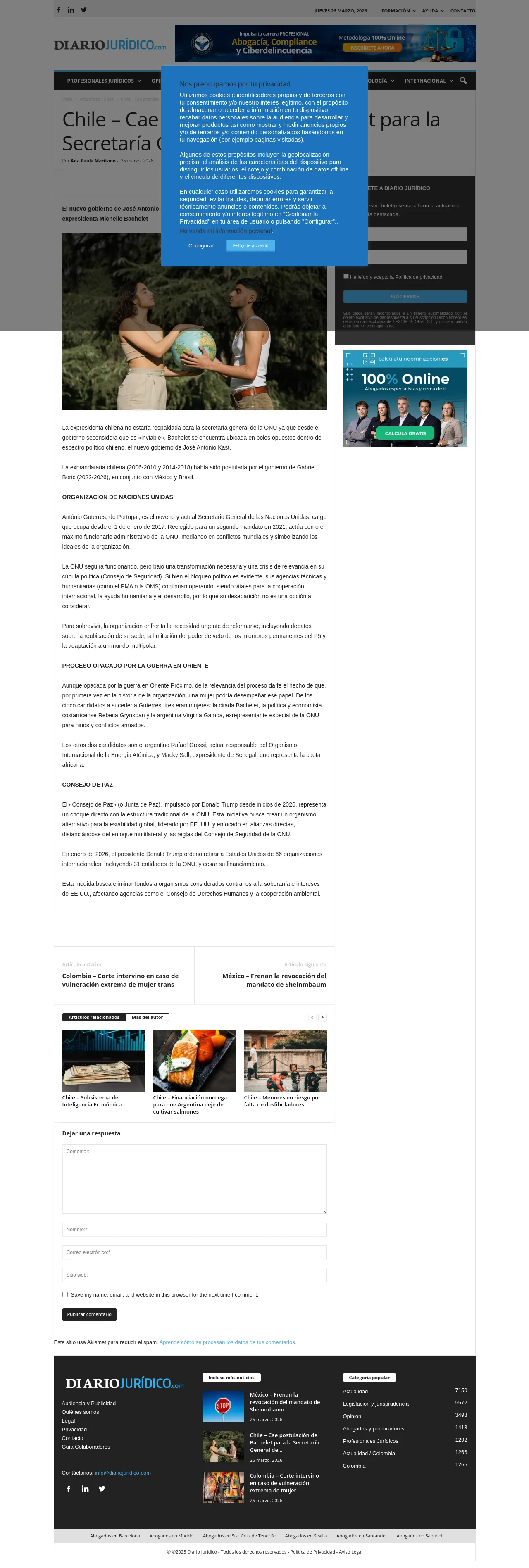 Chile – Cae postulación de Bachelet para la Secretaría General de la ONU