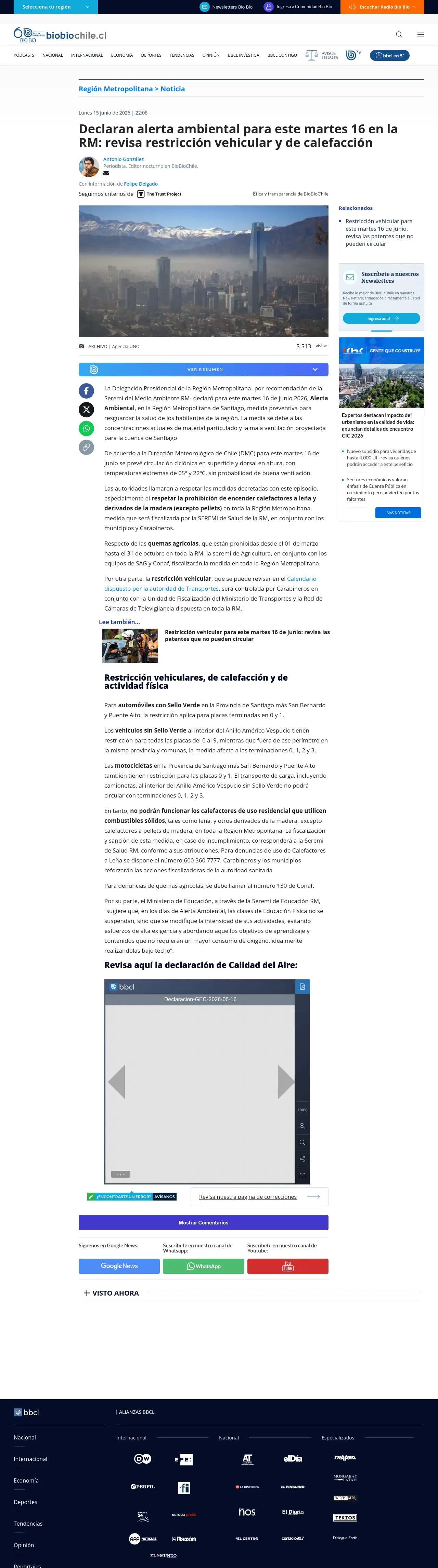 Declaran alerta ambiental para este martes 16 en la RM: revisa restricción vehicular y de calefacción