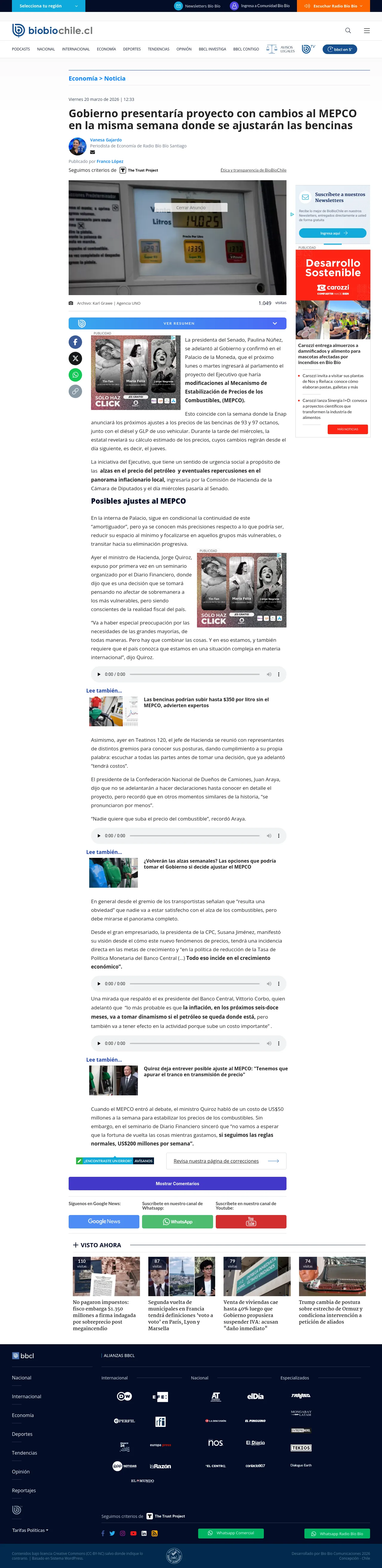Gobierno presentaría proyecto con cambios al MEPCO en la misma semana donde se ajustarán las bencinas