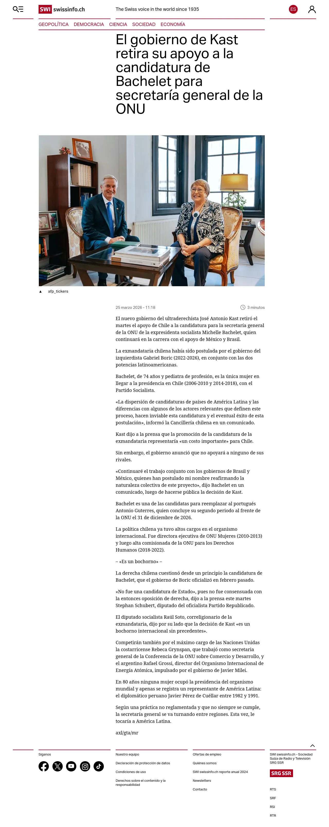 El gobierno de Kast retira su apoyo a la candidatura de Bachelet para secretaría general de la ONU