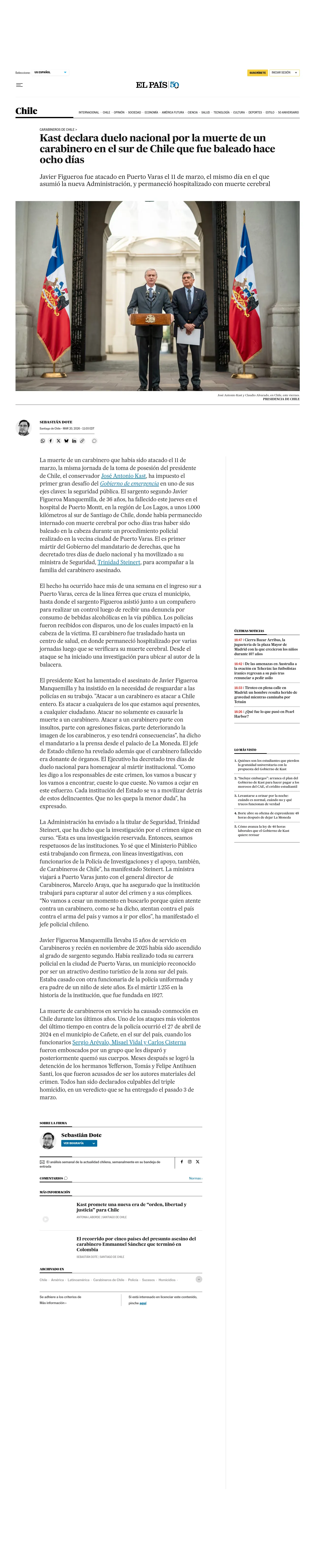 Kast declara duelo nacional por la muerte de un carabinero en el sur de Chile que fue baleado hace ocho días