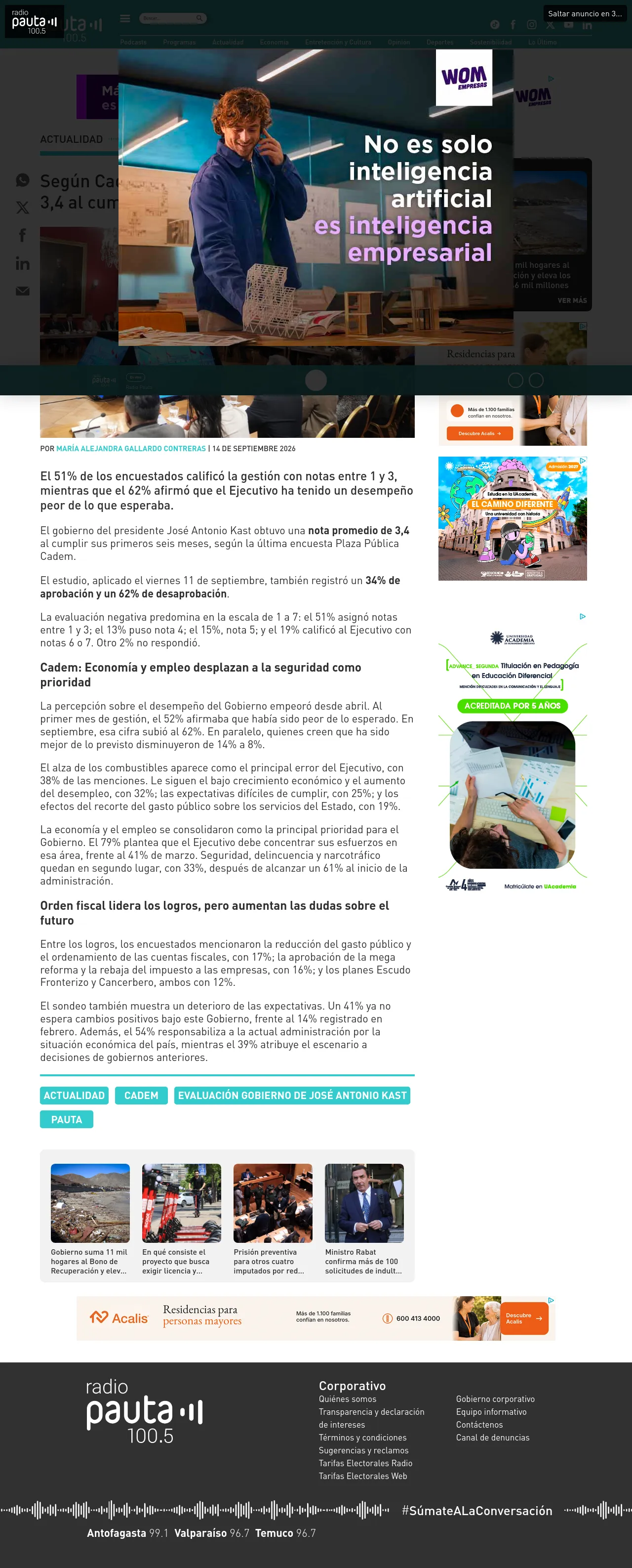 Según Cadem: Gobierno de Kast obtiene nota 3,4 al cumplir sus primeros seis meses