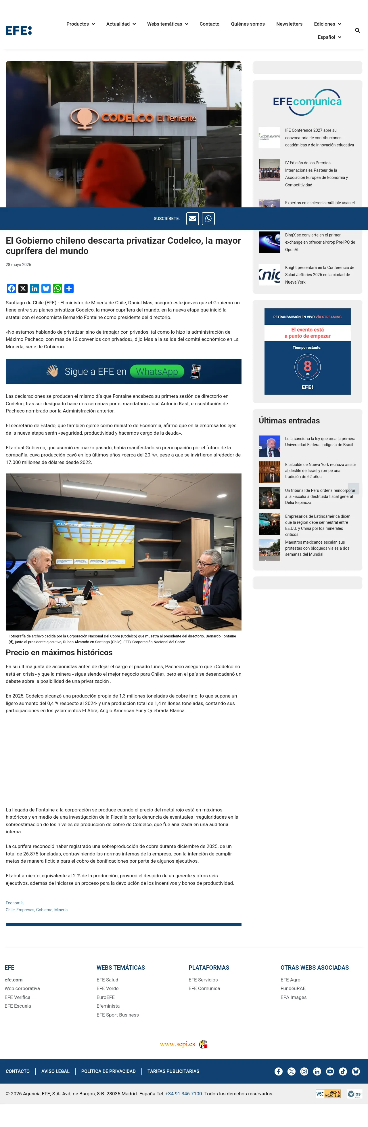 El Gobierno chileno descarta privatizar Codelco, la mayor cuprífera del mundo