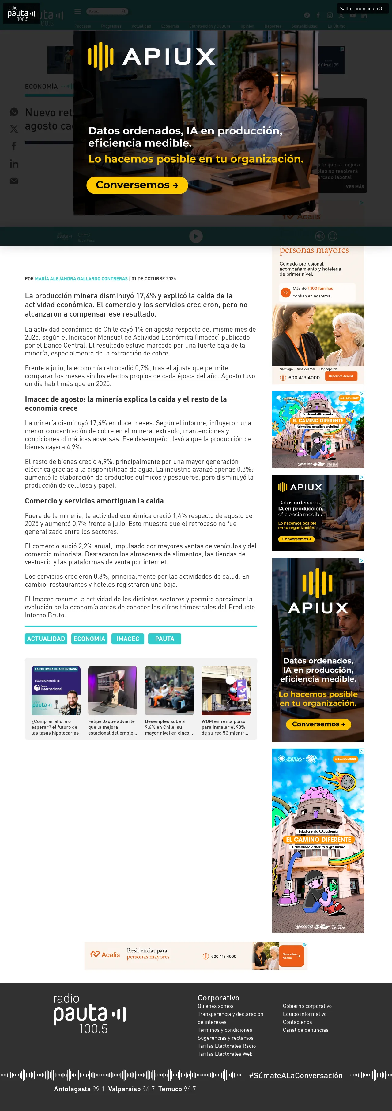 Nuevo retroceso de la economía: Imacec de agosto cae 1% por fuerte baja de la minería