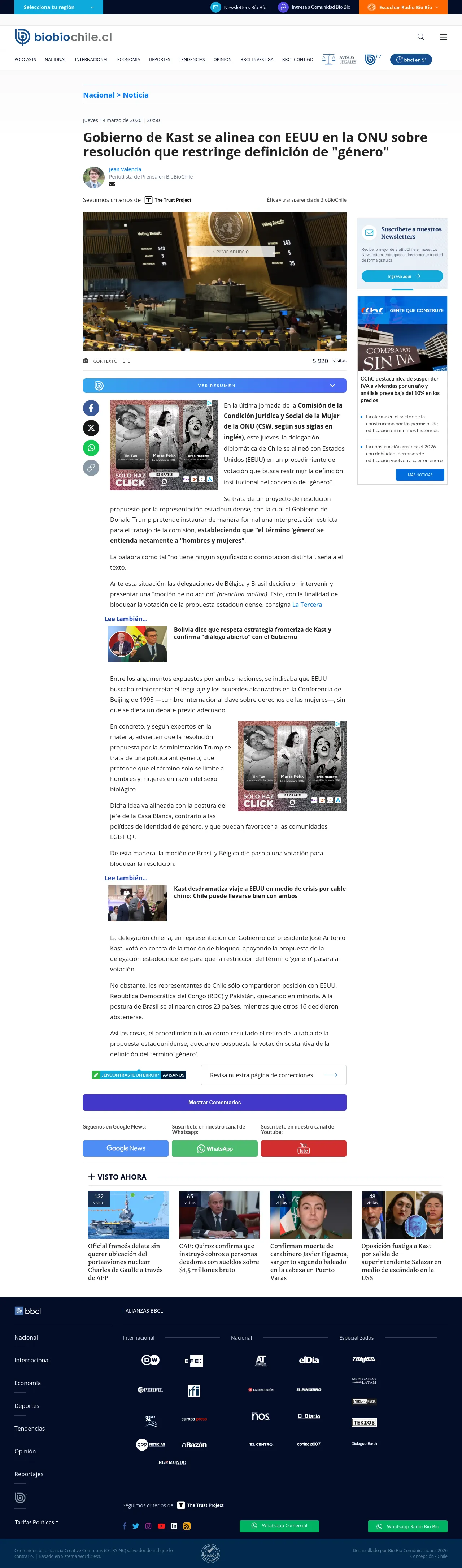 Gobierno de Kast se alinea con EEUU en la ONU sobre resolución que restringe definición de "género"