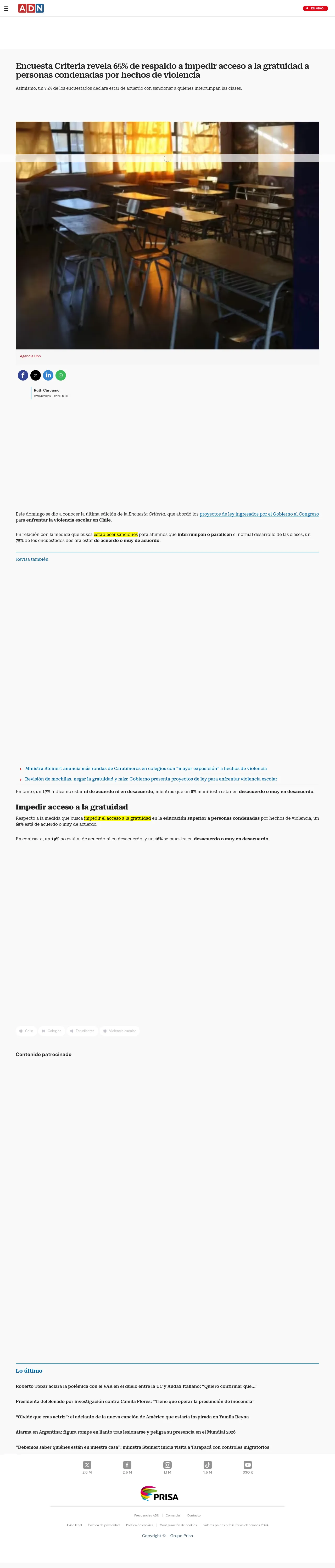 Encuesta Criteria revela 65% de respaldo a impedir acceso a la gratuidad a personas condenadas por hechos de violencia