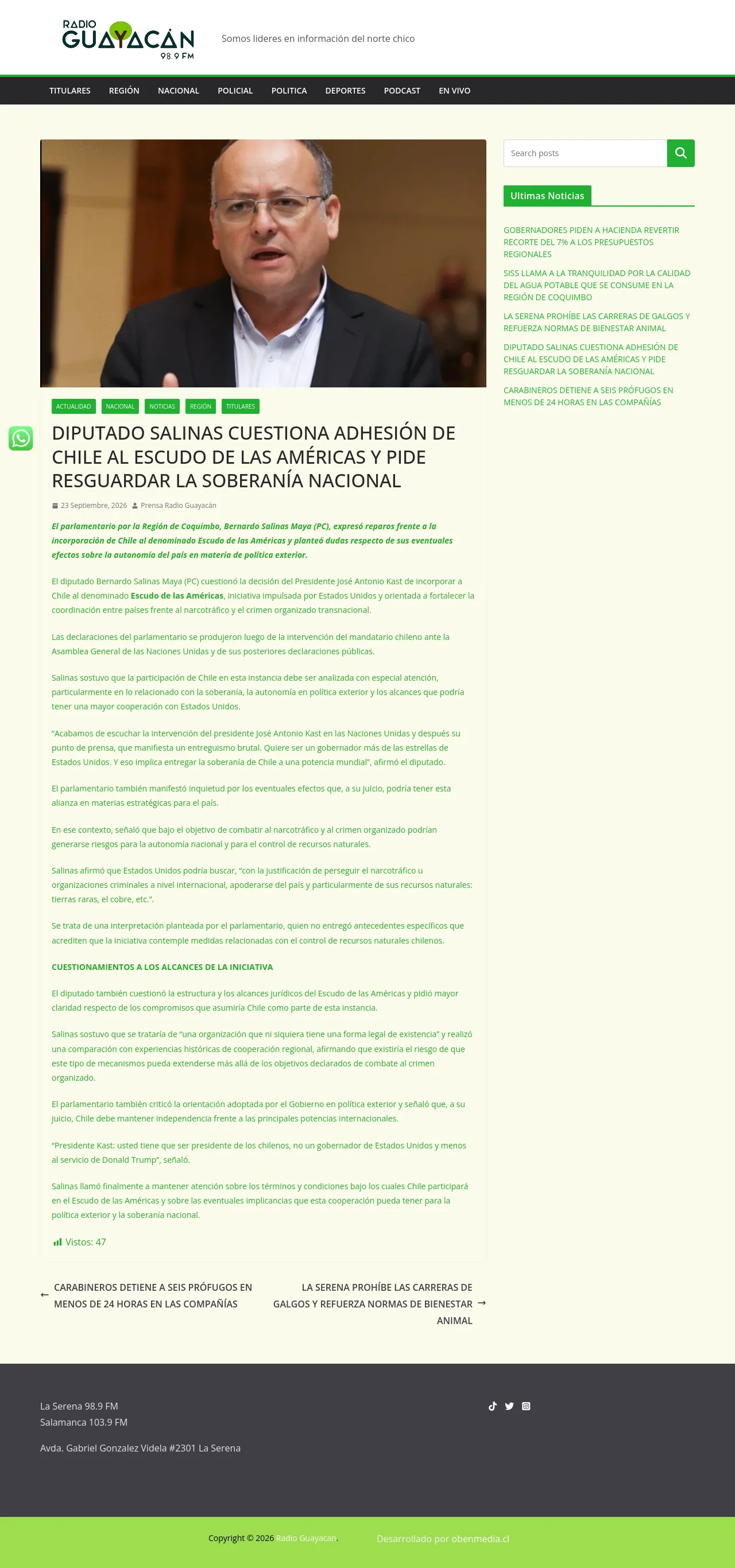 DIPUTADO SALINAS CUESTIONA ADHESIÓN DE CHILE AL ESCUDO DE LAS AMÉRICAS Y PIDE RESGUARDAR LA SOBERANÍA NACIONAL