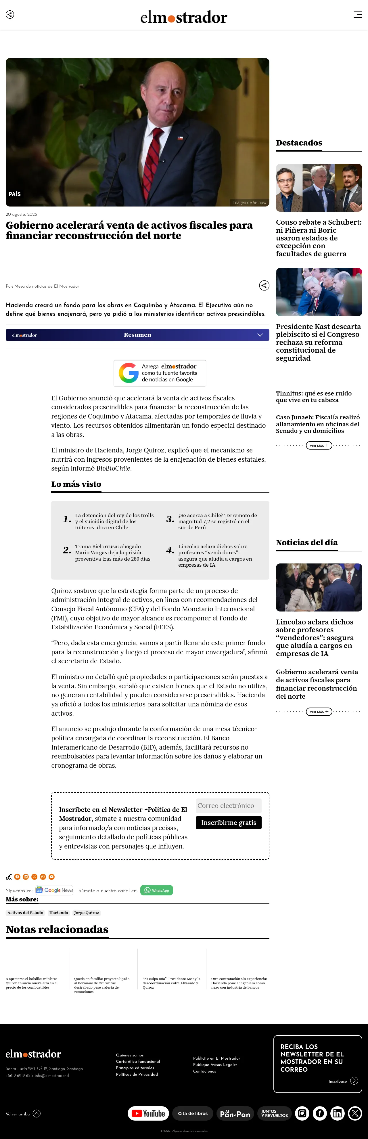 Gobierno acelerará venta de activos fiscales para financiar reconstrucción del norte