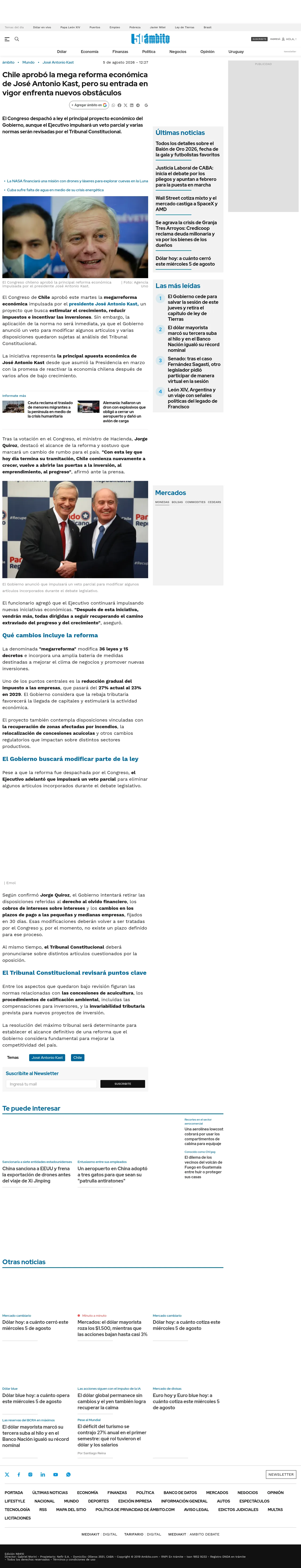 Chile aprobó la mega reforma económica de José Antonio Kast, pero su entrada en vigor enfrenta nuevos obstáculos