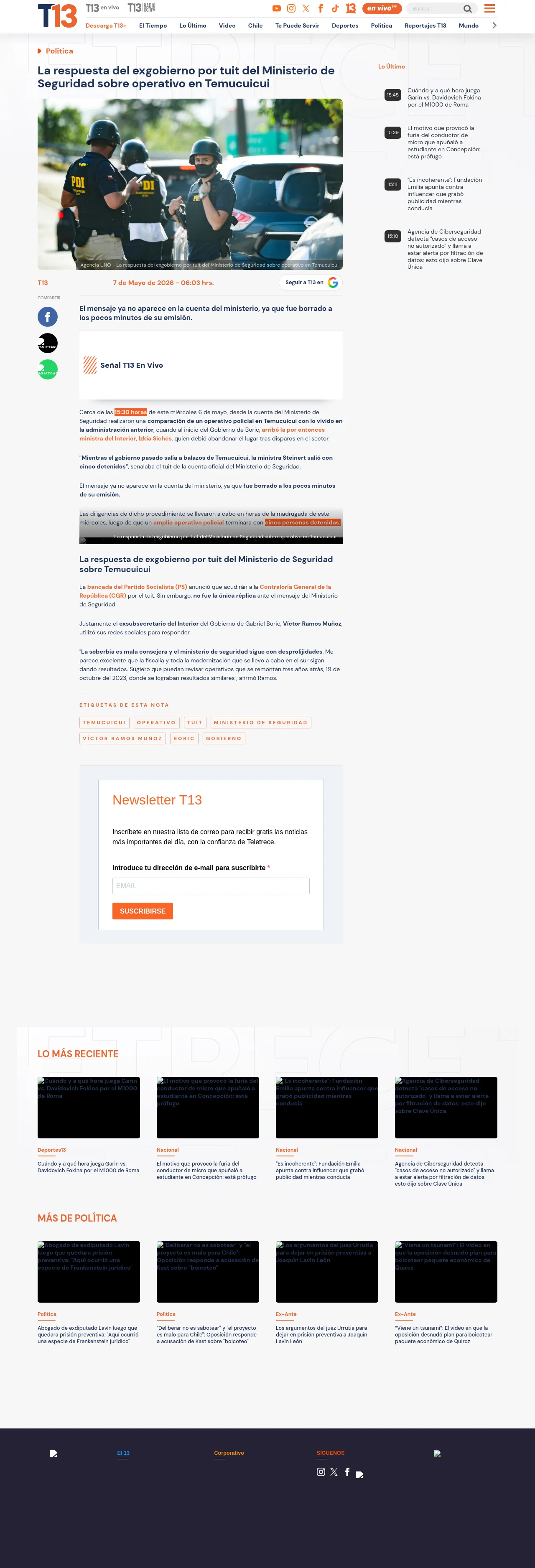 La respuesta del exgobierno por tuit del Ministerio de Seguridad sobre operativo en Temucuicui