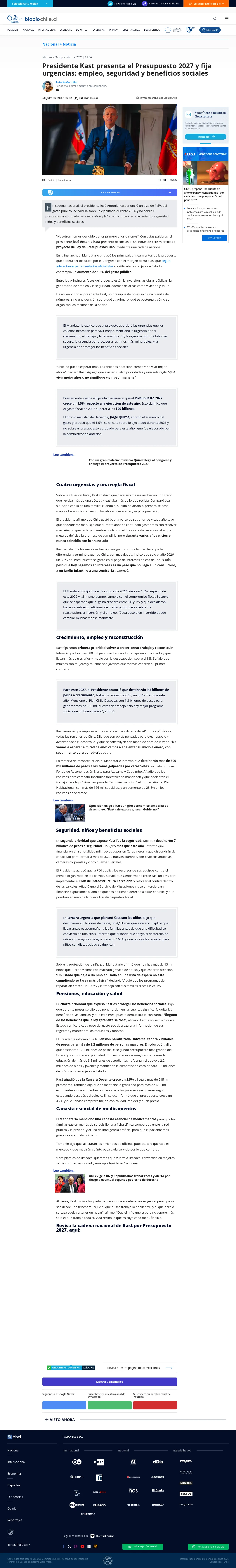 Presidente Kast presenta el Presupuesto 2027 y fija urgencias: empleo, seguridad y beneficios sociales