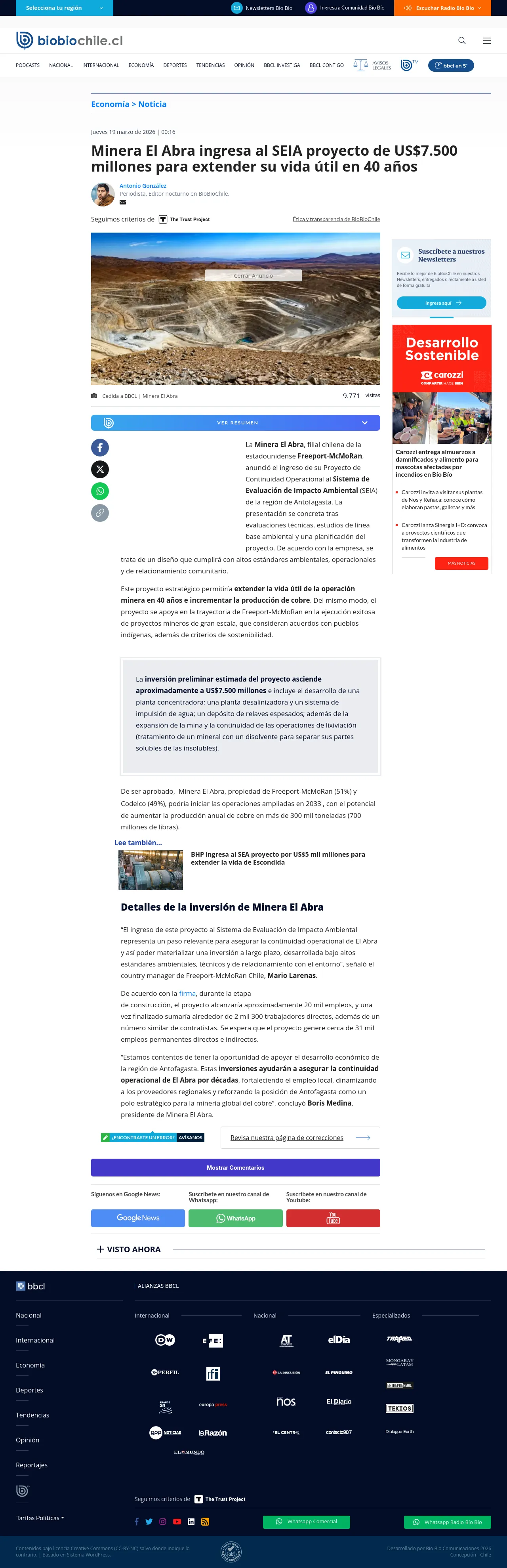 Minera El Abra ingresa al SEIA proyecto de US$7.500 millones para extender su vida útil en 40 años