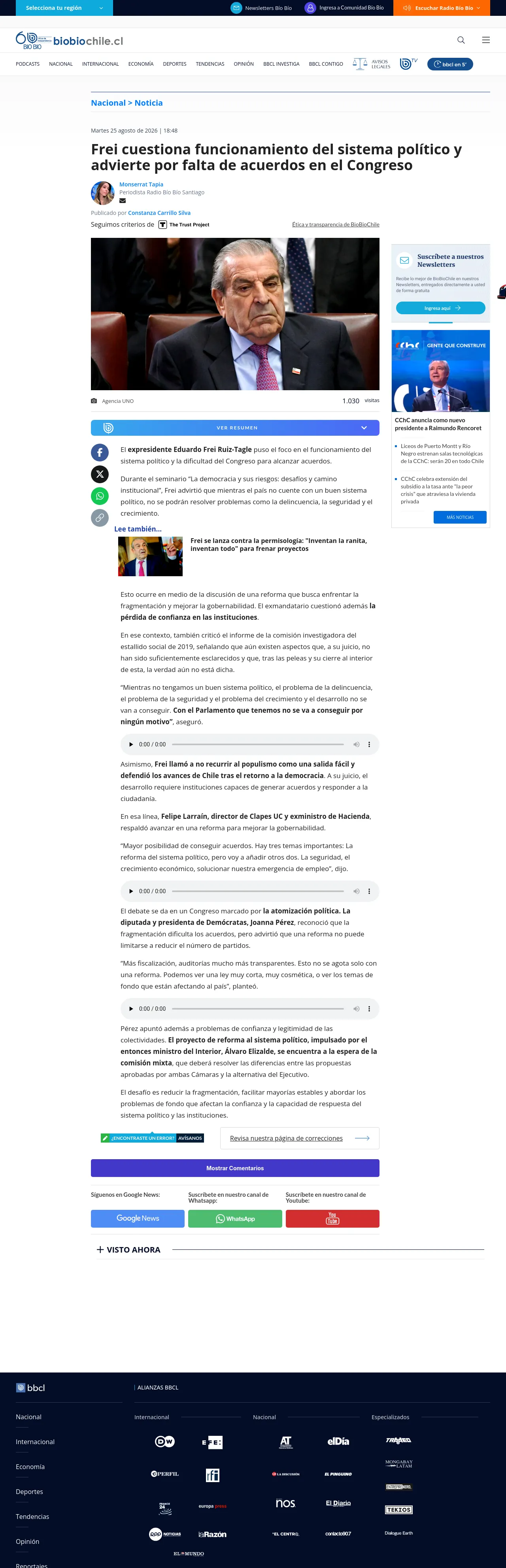 Frei cuestiona funcionamiento del sistema político y advierte por falta de acuerdos en el Congreso
