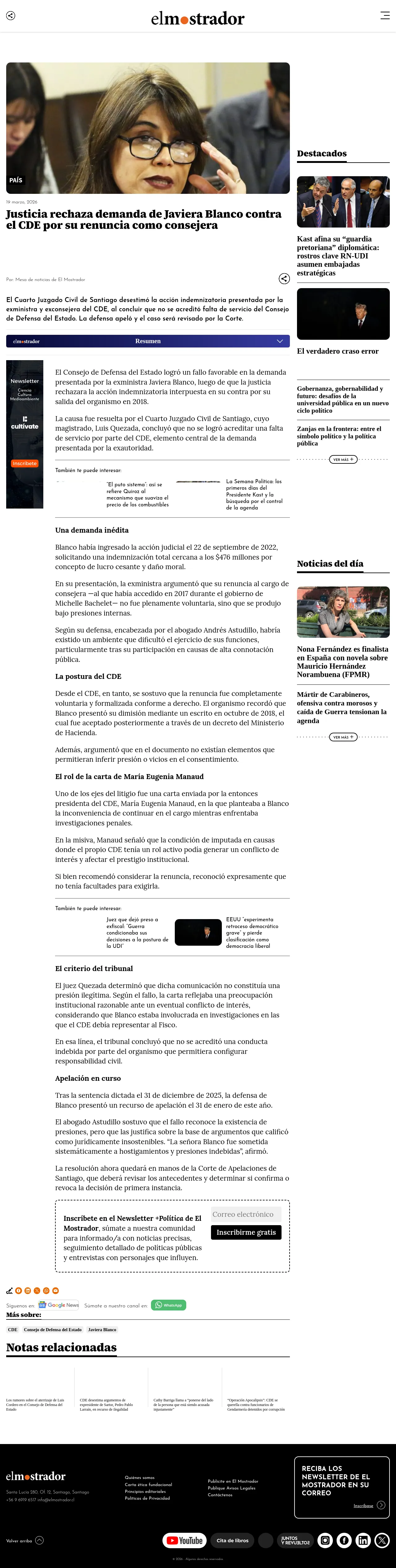 Justicia rechaza demanda de Javiera Blanco contra el CDE por su renuncia como consejera