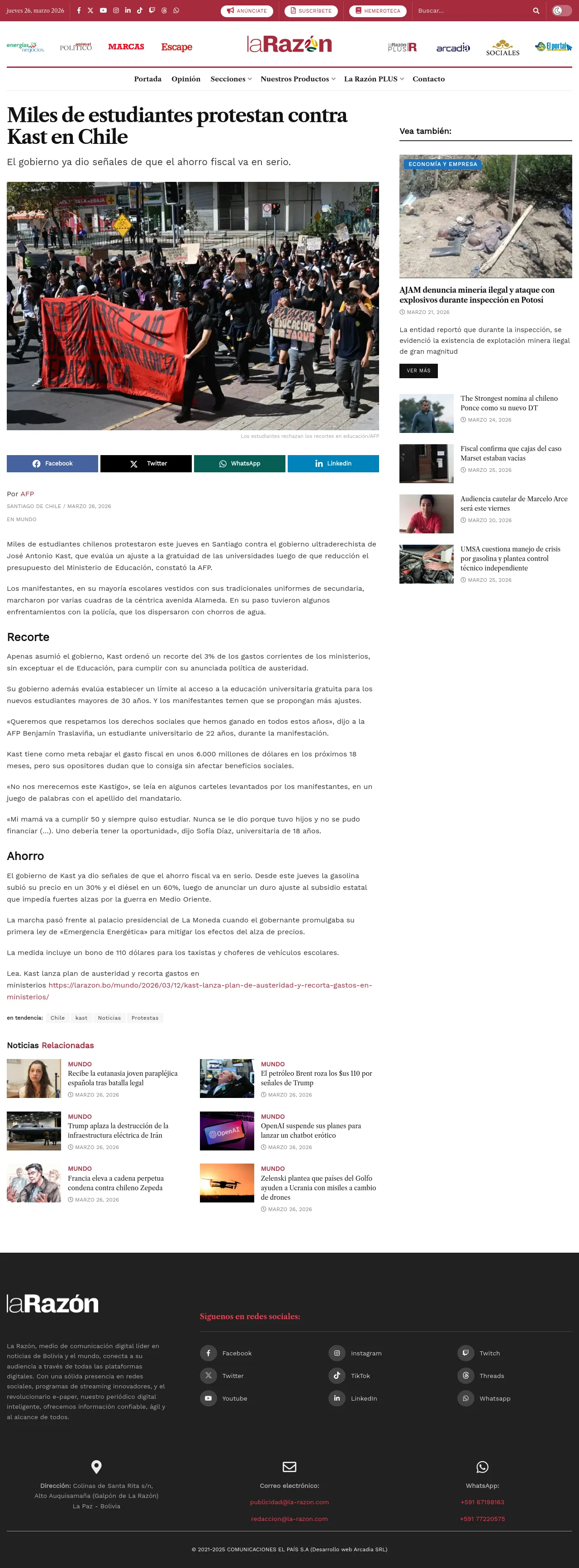 Miles de estudiantes protestan contra Kast en Chile