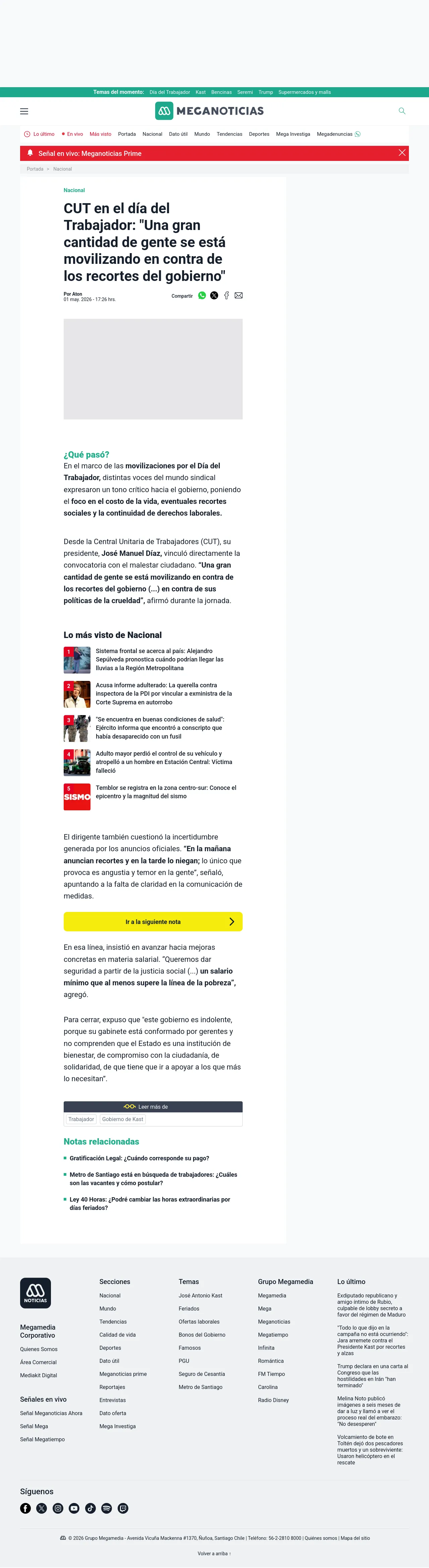 CUT en el día del Trabajador: "Una gran cantidad de gente se está movilizando en contra de los recortes del gobierno"