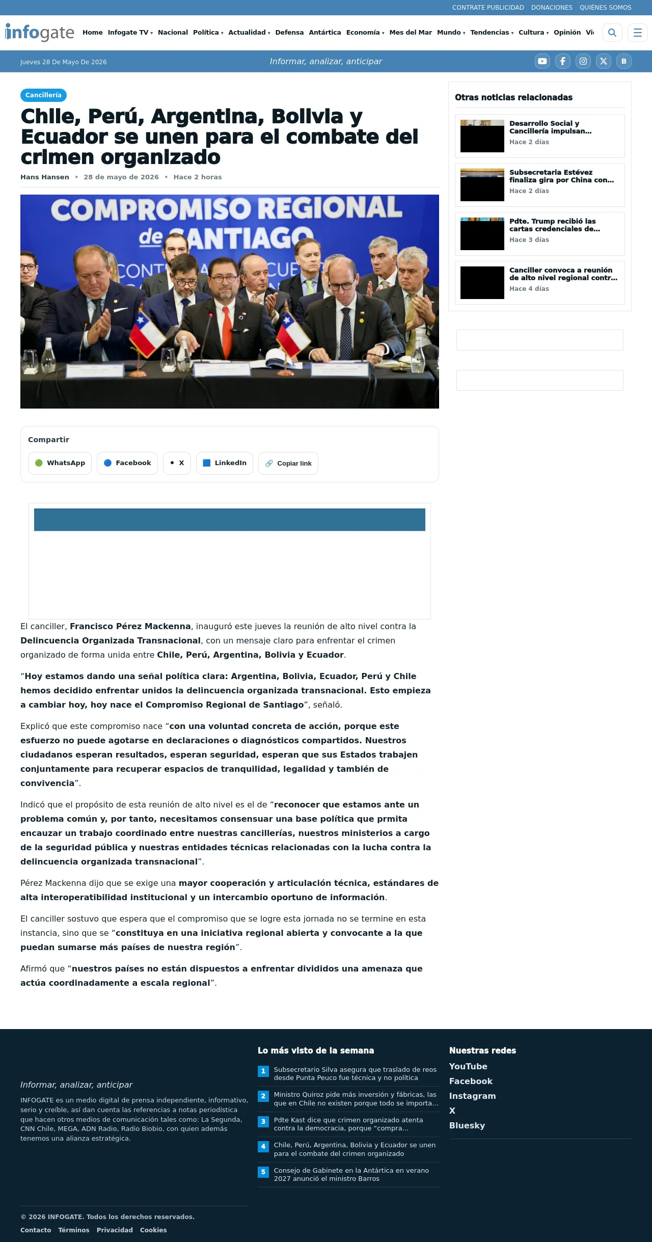 Chile, Perú, Argentina, Bolivia y Ecuador se unen para el combate del crimen organizado