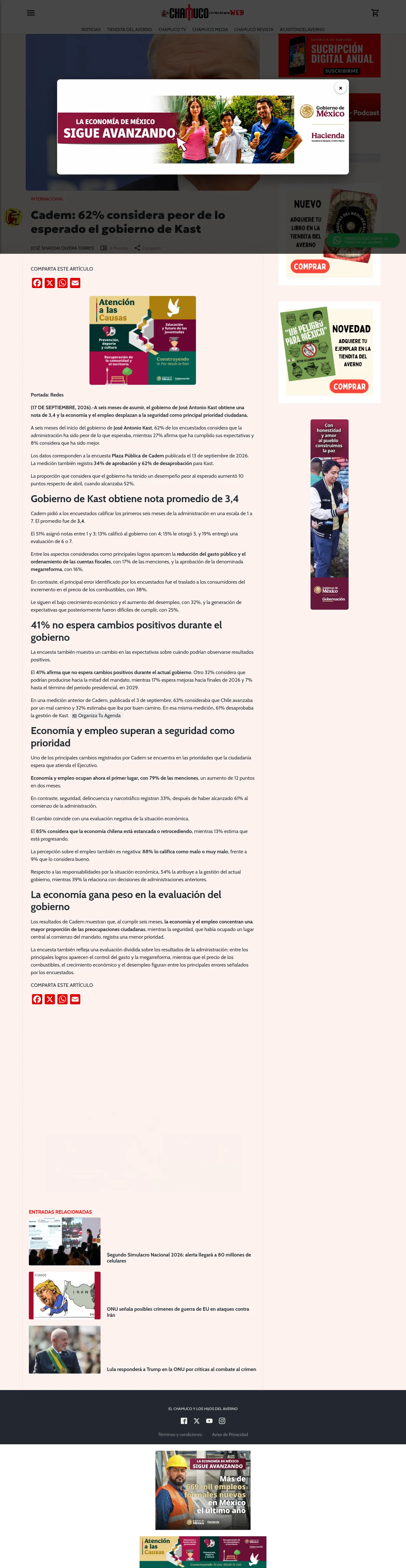 Cadem: 62% considera peor de lo esperado el gobierno de Kast